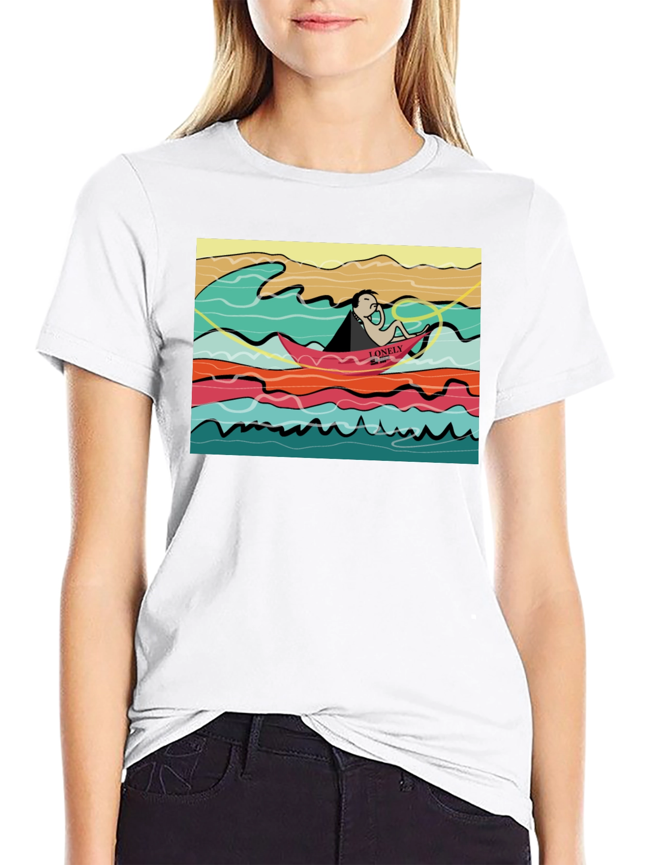 Black Lonely Boat Graphic Tee - Black Cotton T-Shirt view 9