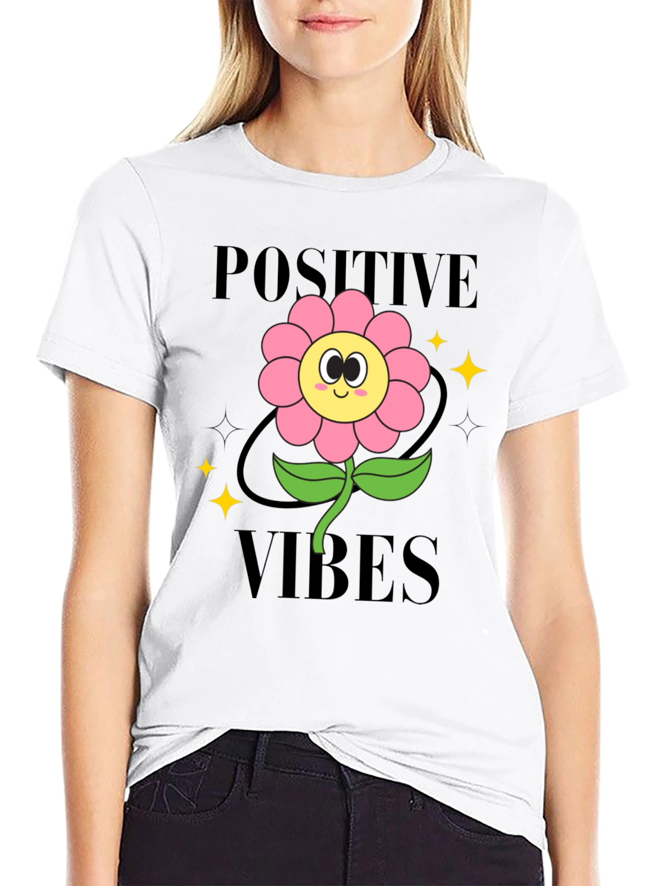Black Positive Vibes Flower Graphic T-Shirt view 9