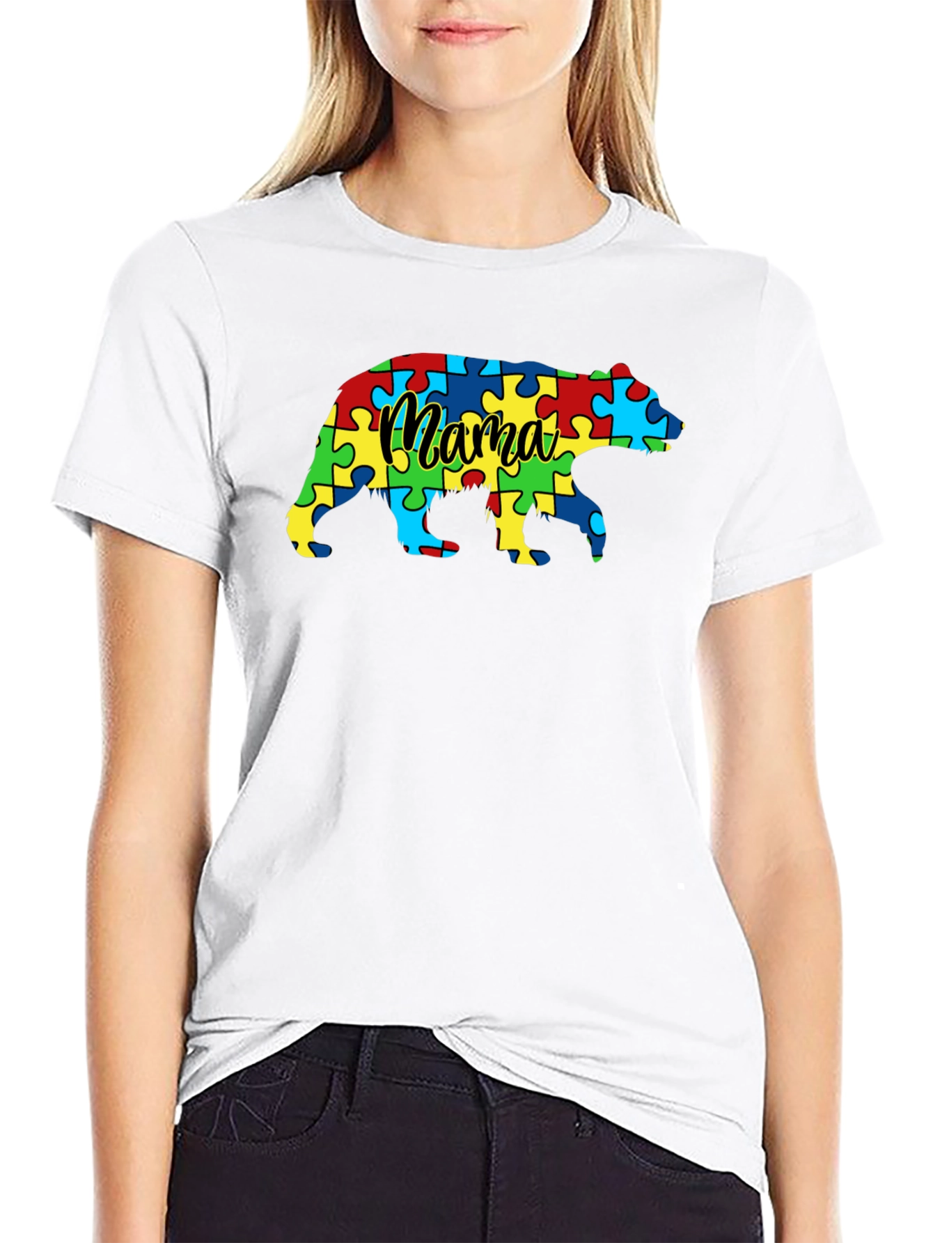 Black Mama Bear Autism Awareness Puzzle T-Shirt view 9