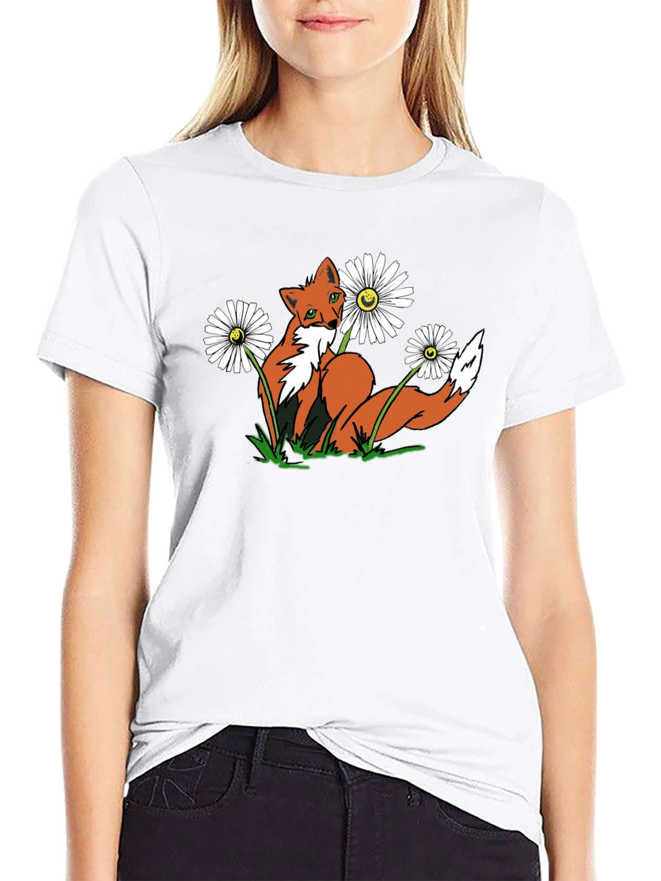 Black Fox and Flowers Graphic Tee -  Black T-Shirt view 9