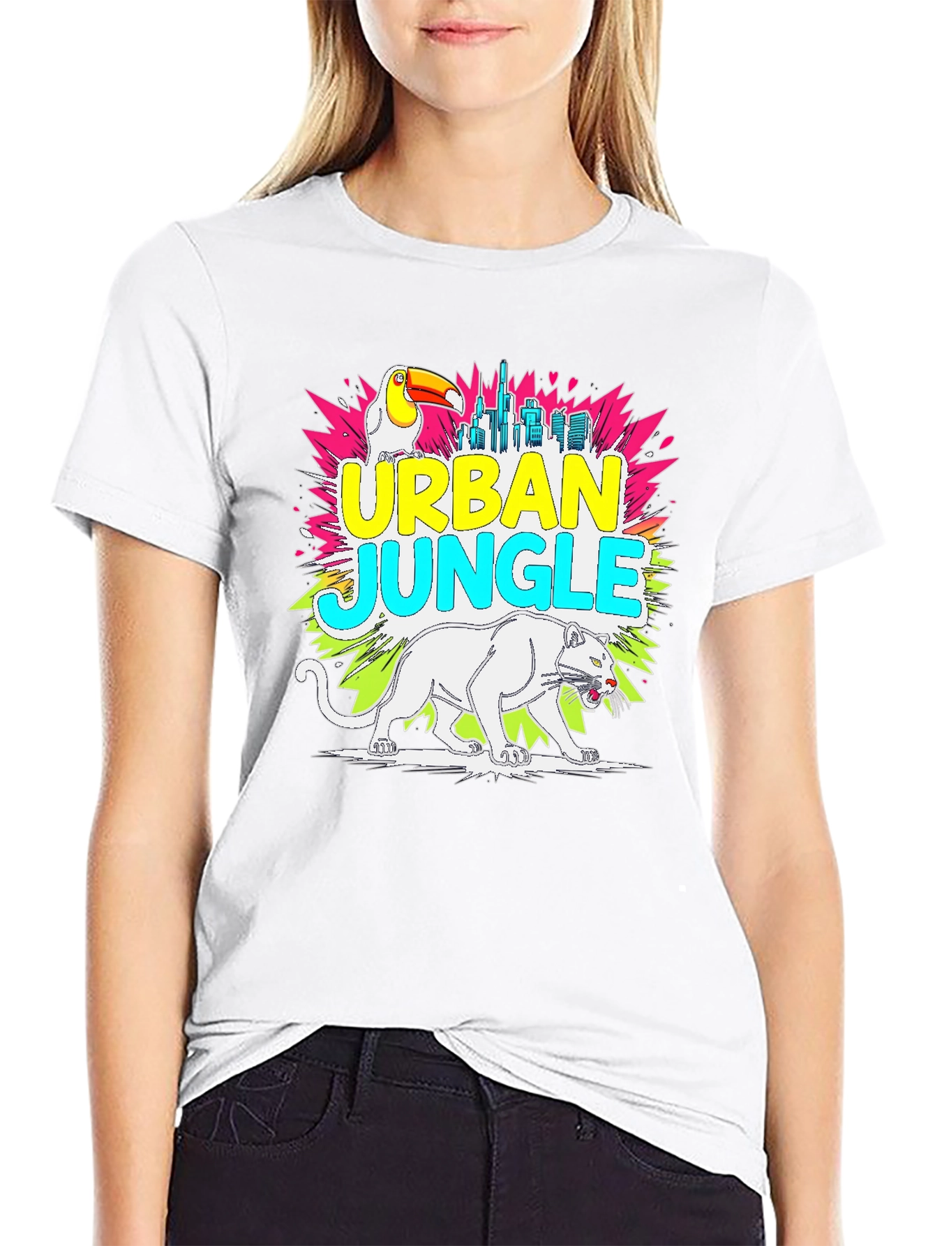 Black Urban Jungle Graphic Tee - Toucan, Panther, Cityscape view 9