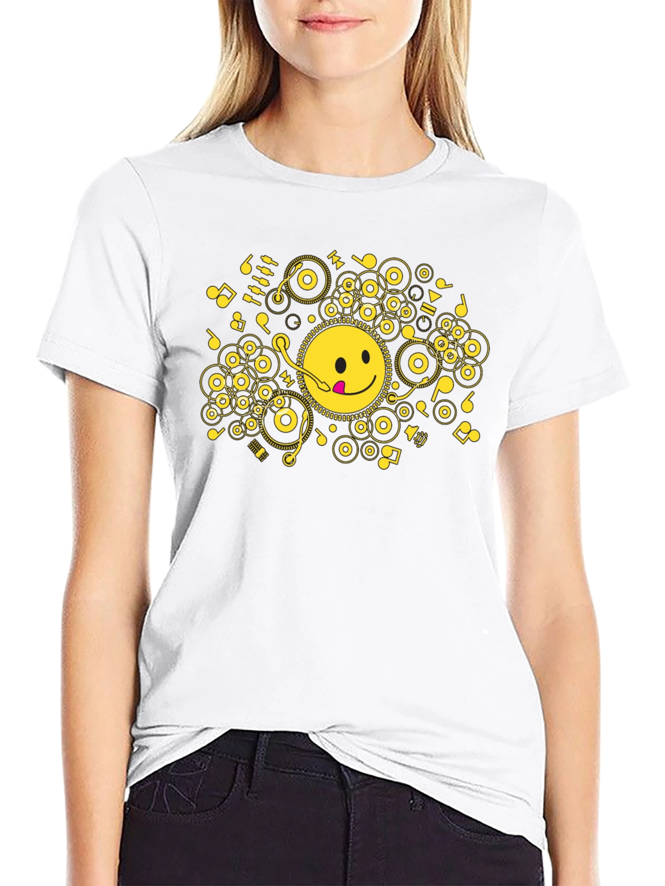 Black Smiley Face Music T-Shirt - Black Cotton Blend Tee view 9