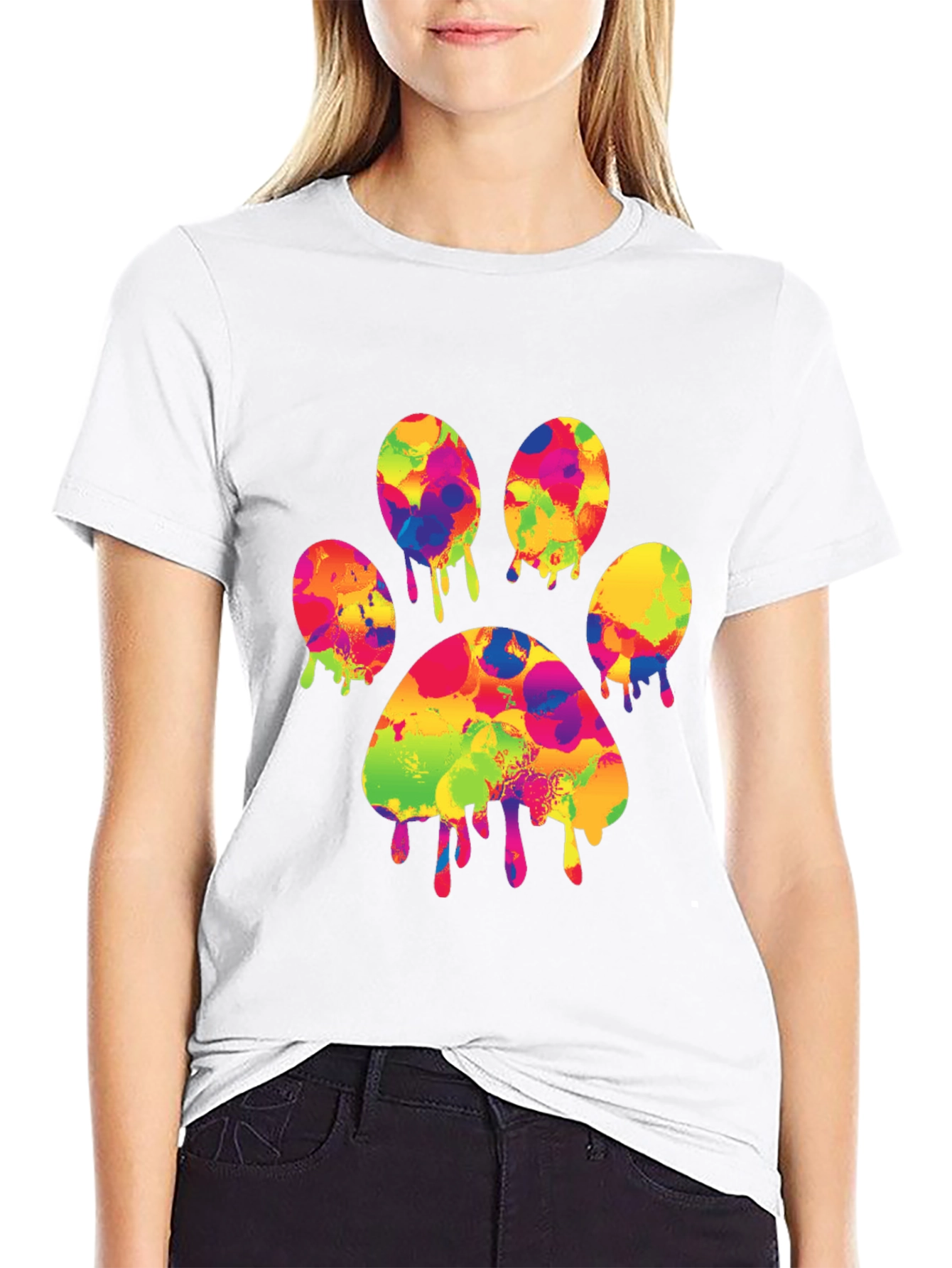 Black Colorful Paw Print T-Shirt - Abstract Dog Lover Tee view 9