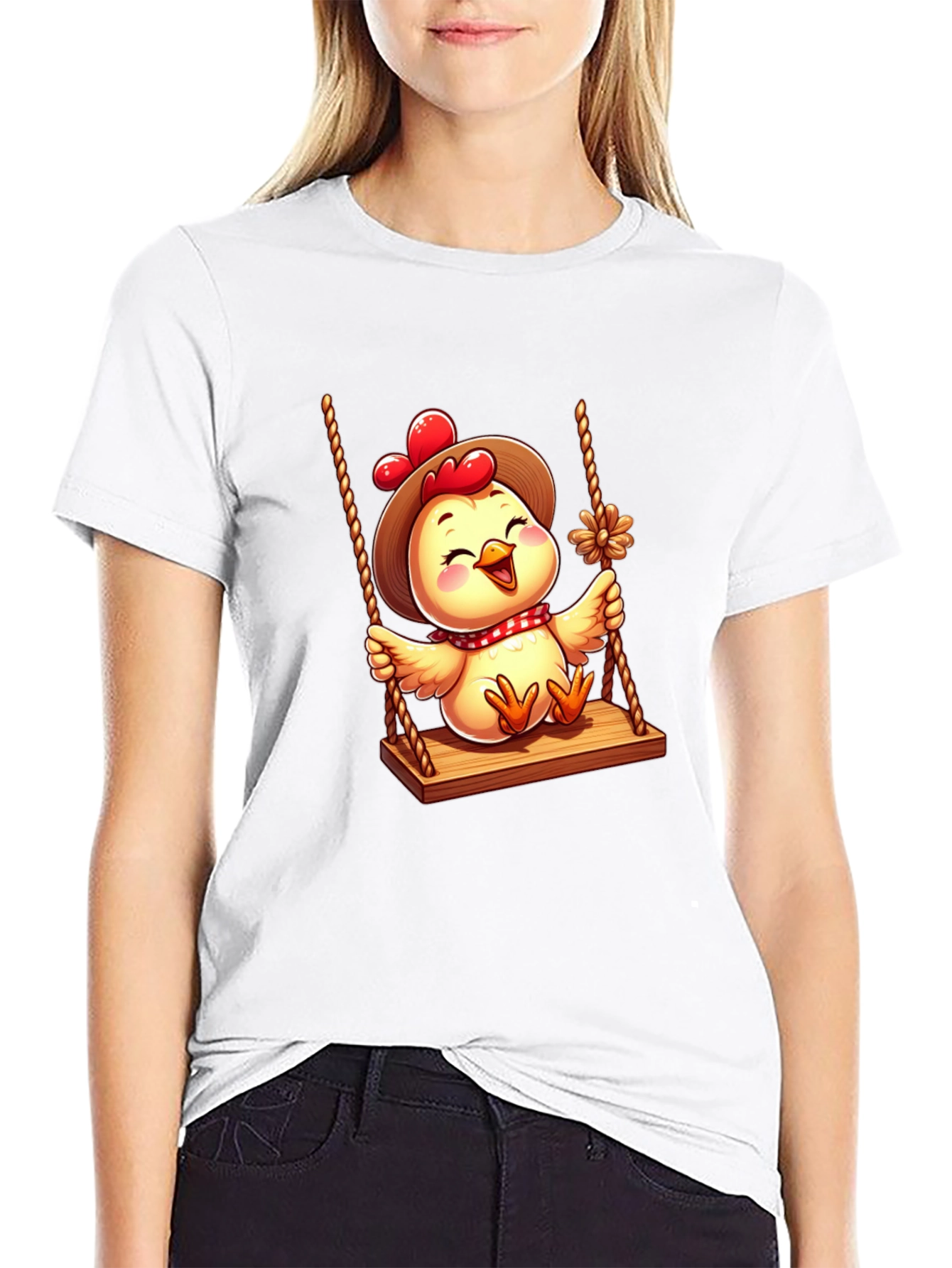 Black Cute Chicken on Swing Graphic Tee view 9