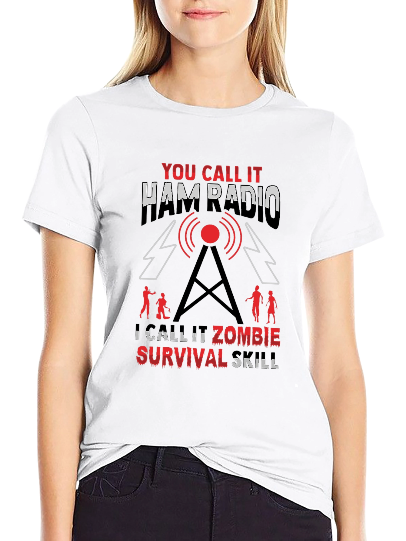 Black Ham Radio Zombie Survival Skill T-Shirt view 9
