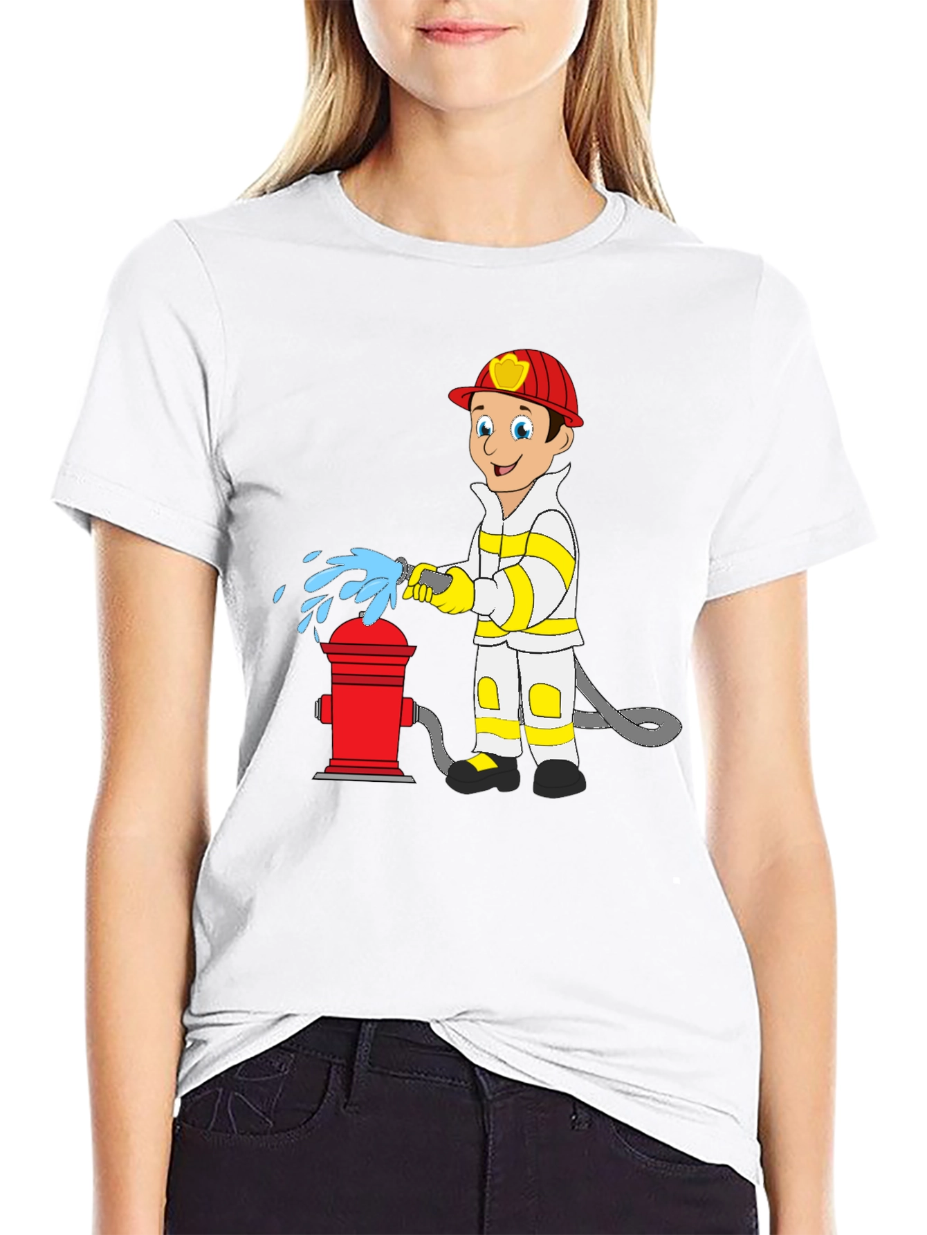 Black Cartoon Fireman T-Shirt - Fire Hydrant Fun! view 9