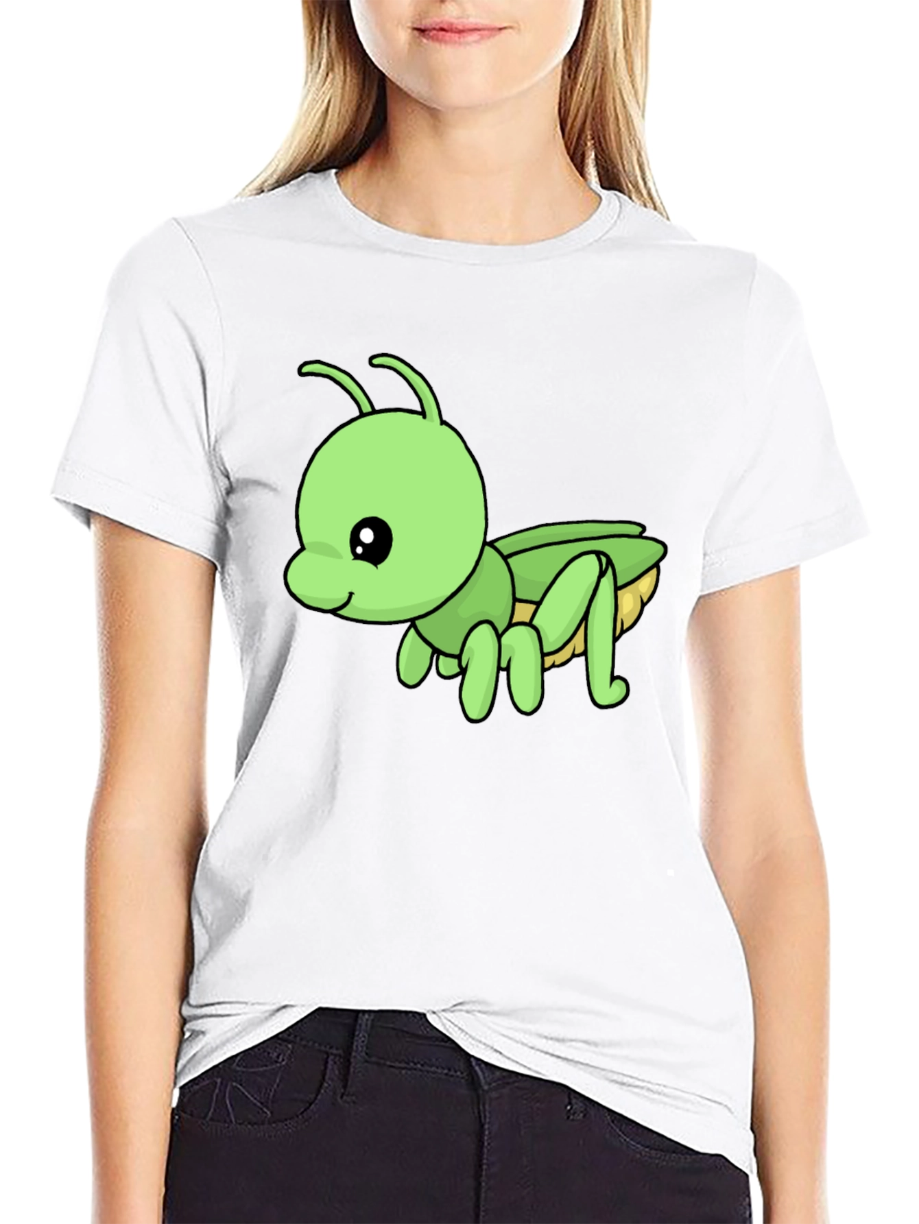 Black Cute Green Cartoon Insect Black T-Shirt view 9