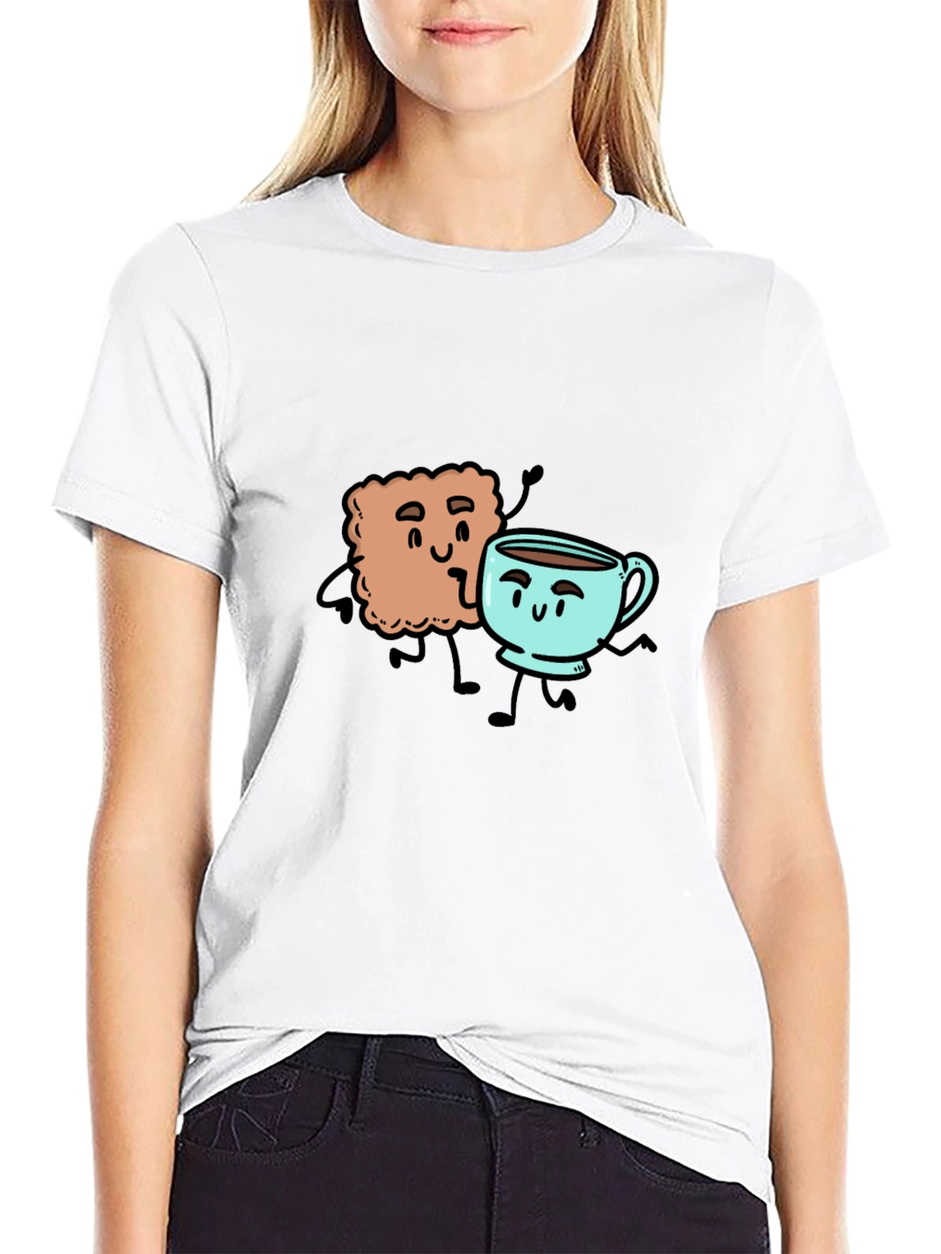 Black Coffee & Biscuit Cartoon Graphic Black T-Shirt view 9