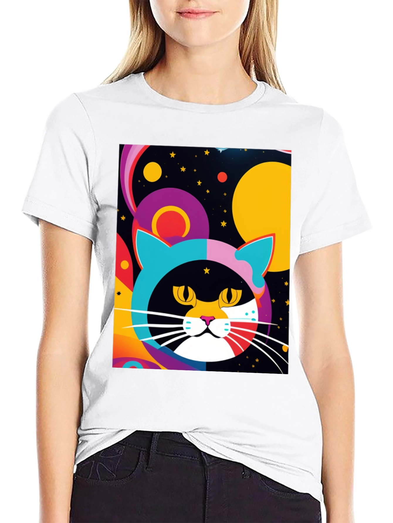 Black Psychedelic Cat T-Shirt - Colorful Retro Design view 9