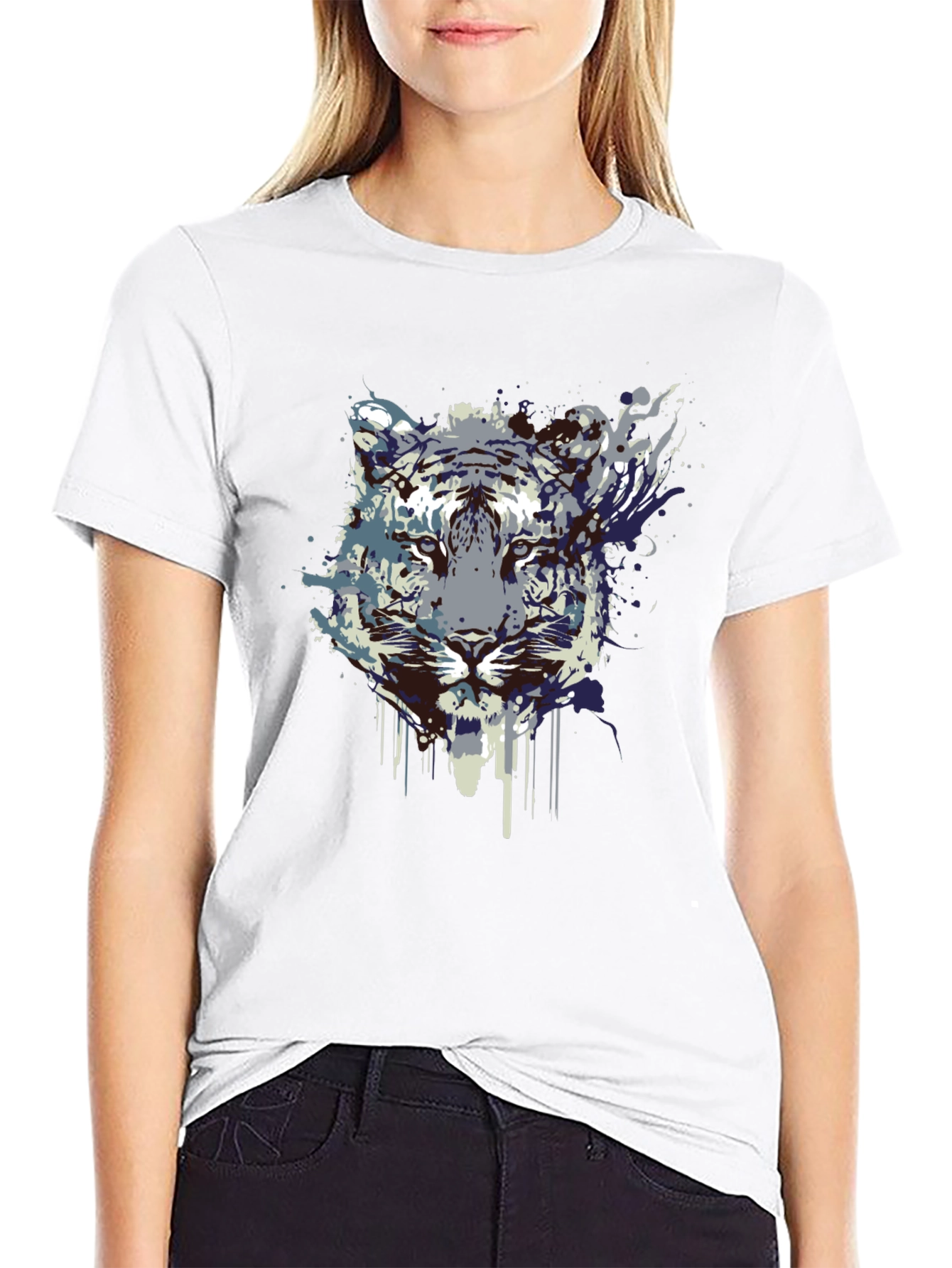 Black Abstract Tiger Graphic Tee - Black Cotton Blend view 9