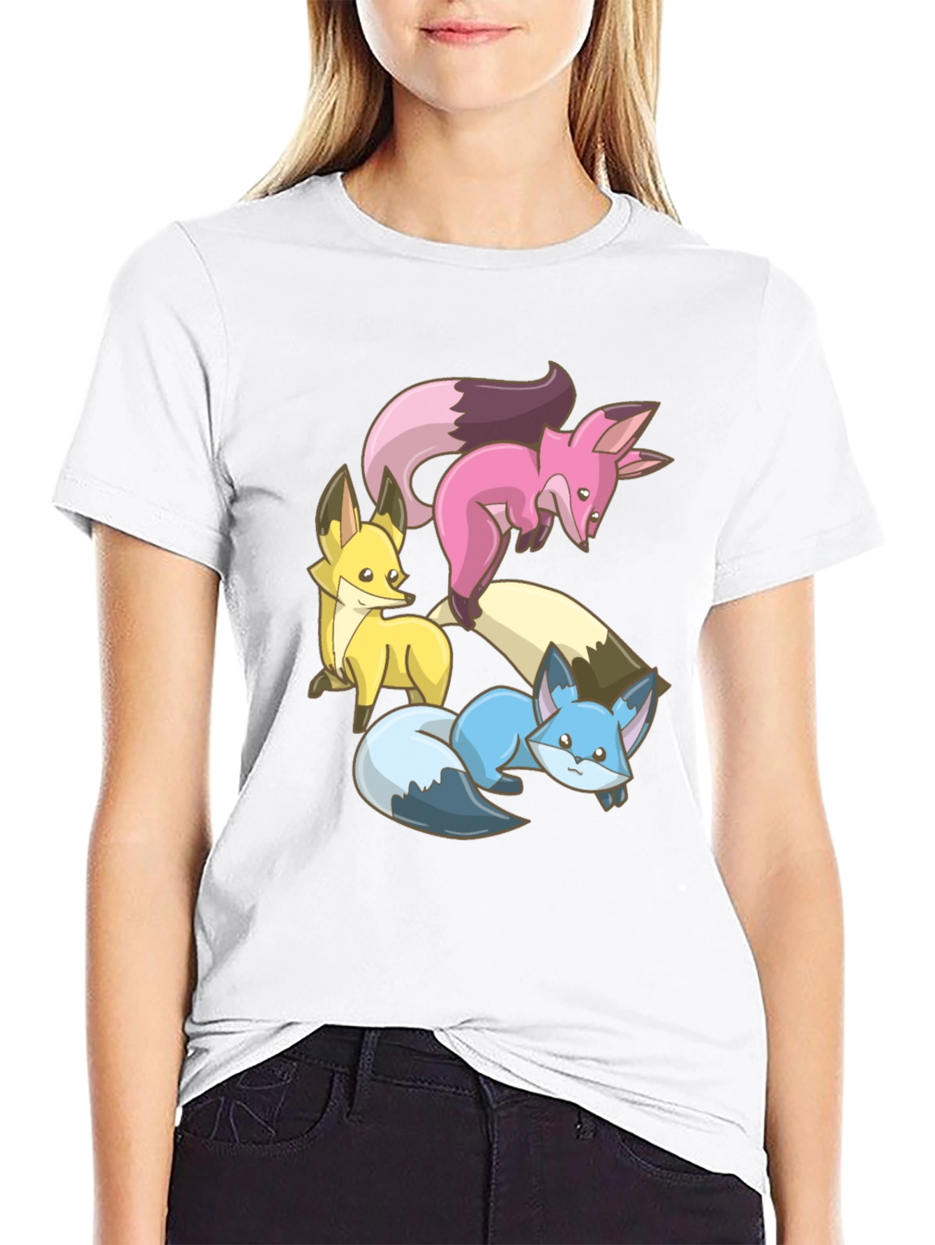 Black Cute Fox Trio Graphic Tee - Soft Cotton Blend view 9
