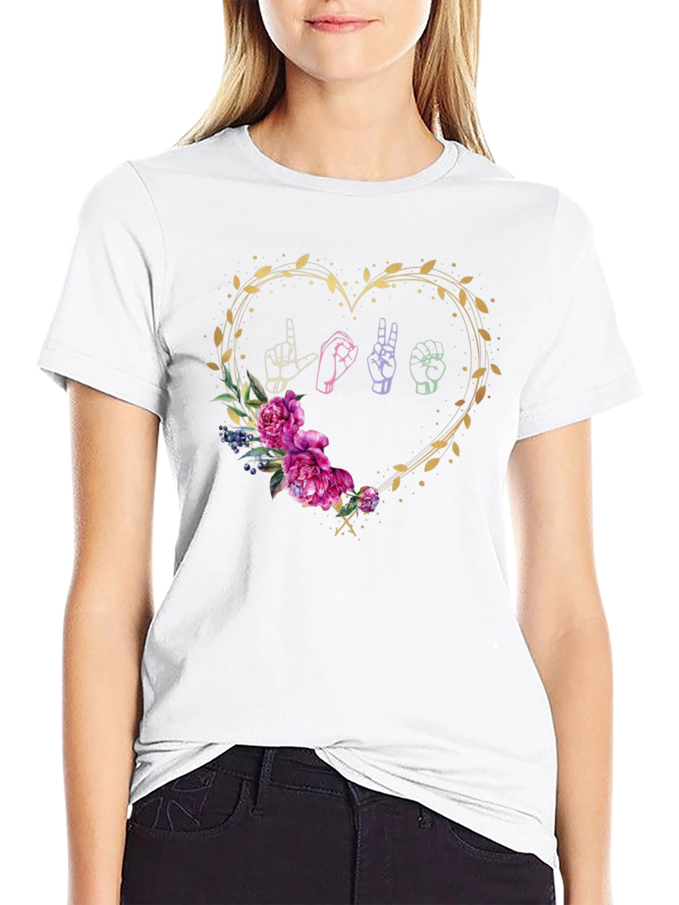 Black Love Sign Language Floral Heart T-Shirt view 9