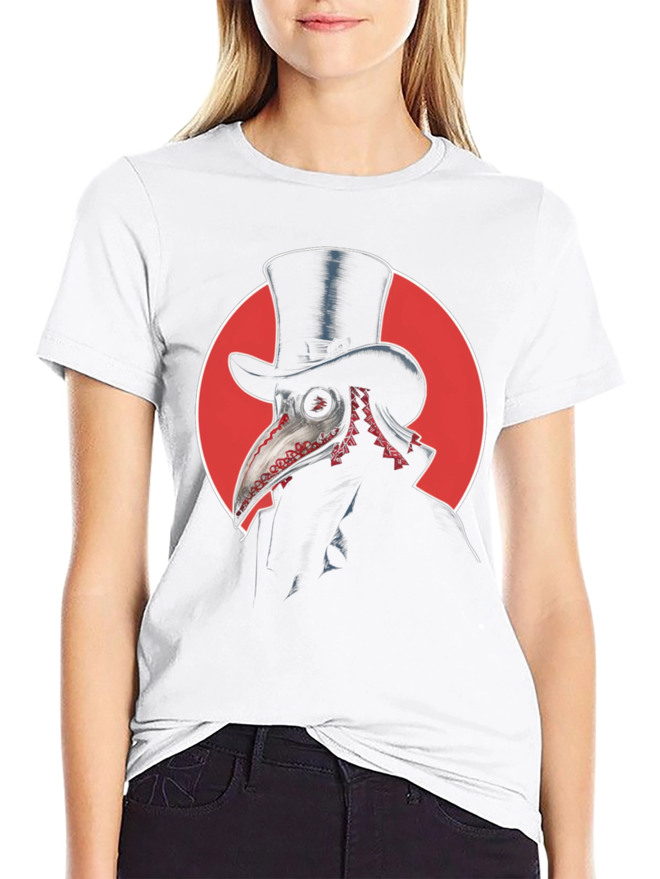 Black Plague Doctor Graphic Tee - Top Hat & Red Circle Design view 9