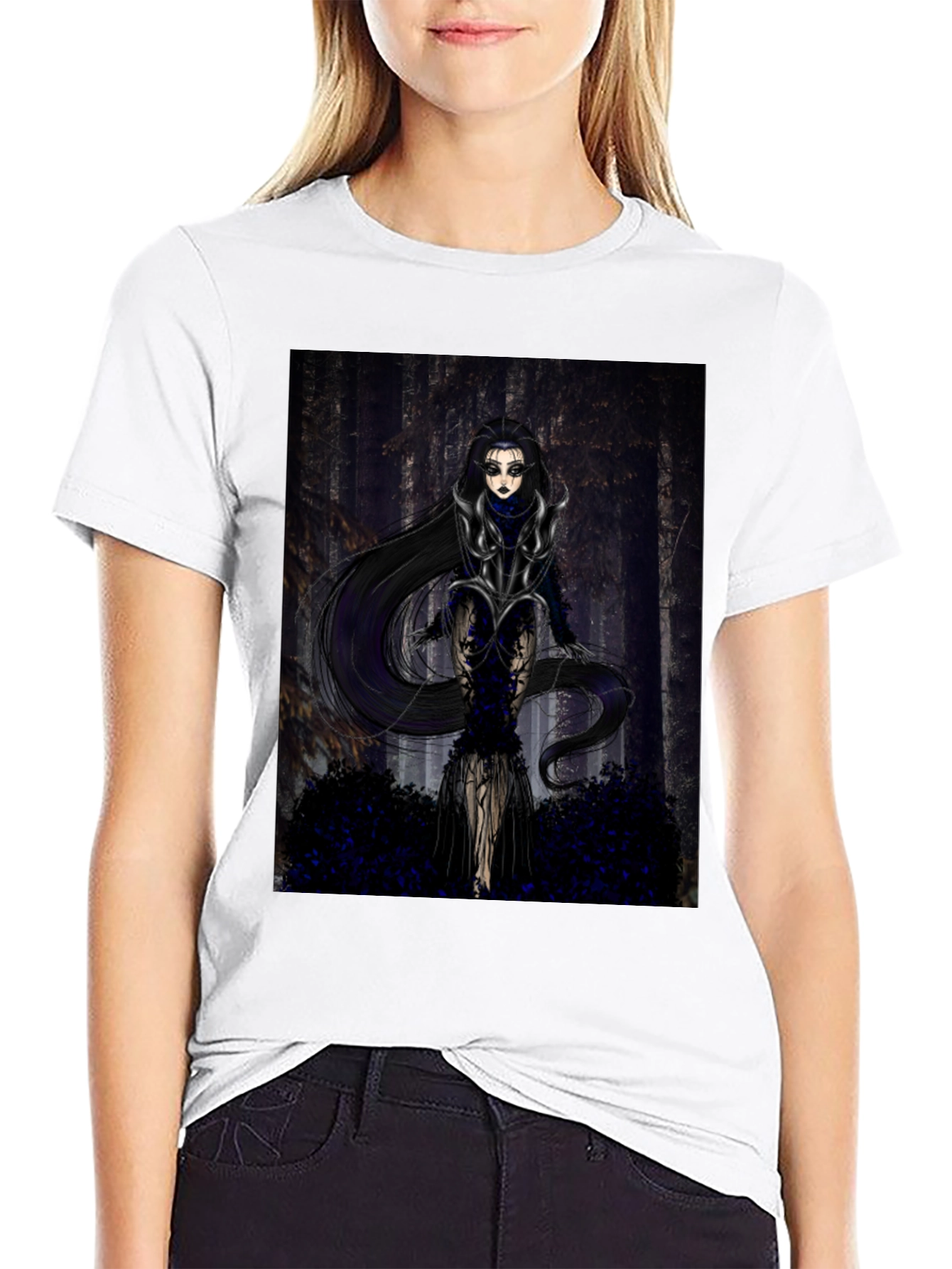 Black Gothic Forest Woman Graphic Print T-Shirt view 9