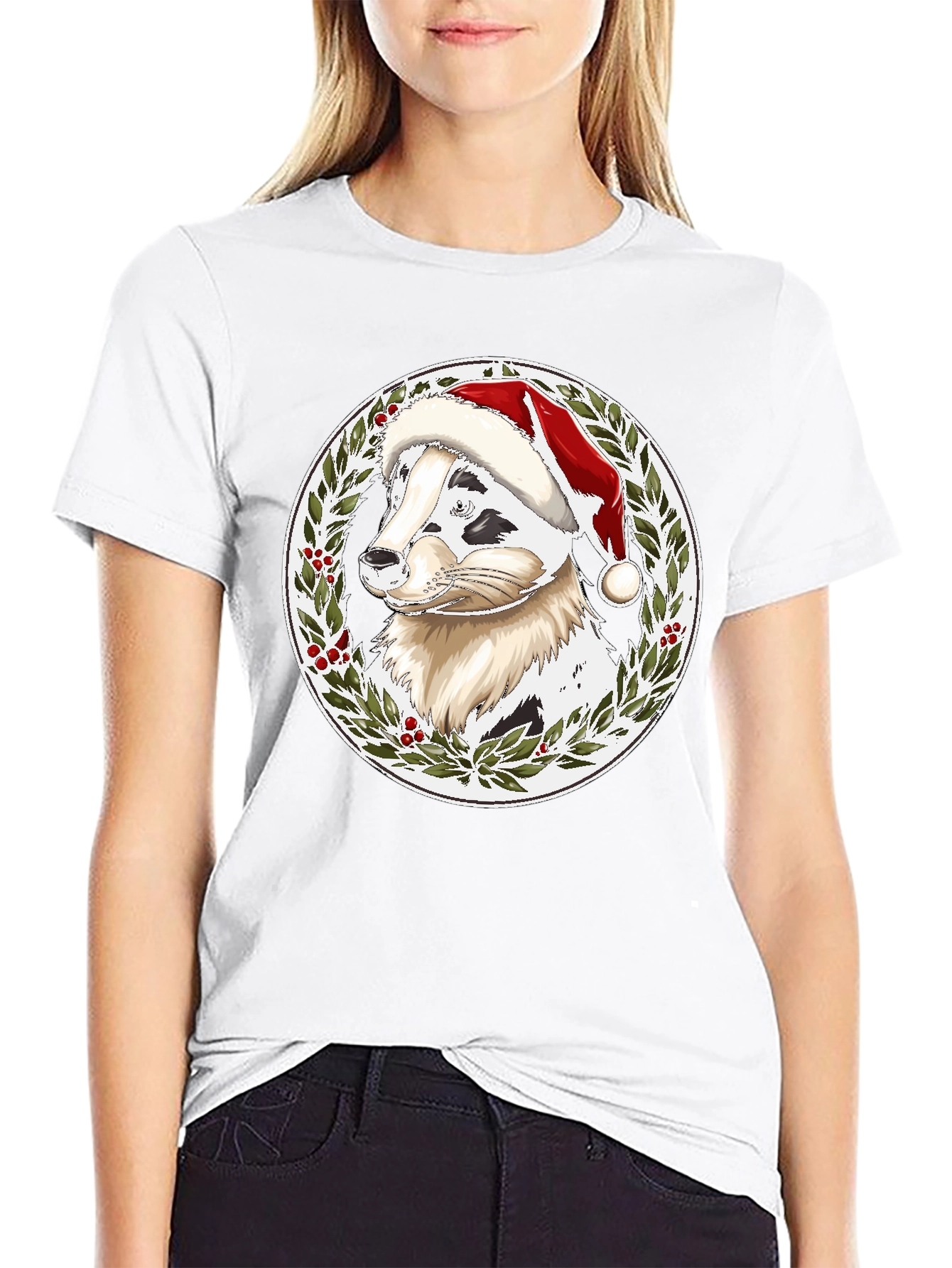 Black Festive Dog Santa Hat T-Shirt view 9