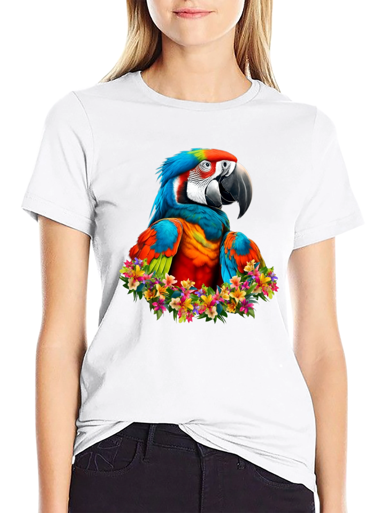 Black Macaw Parrot Floral Wreath Graphic T-Shirt view 9