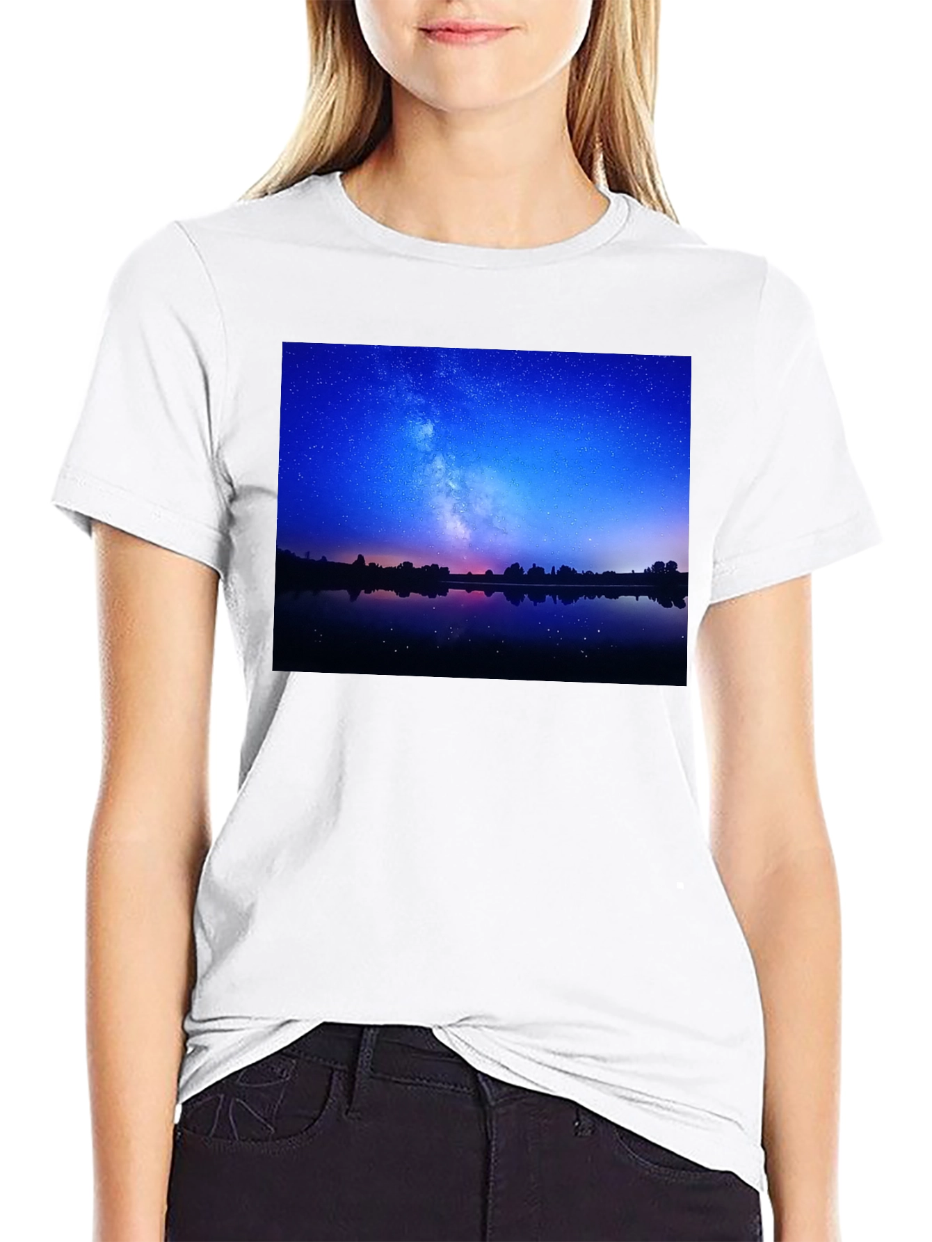 Black Night Sky Reflection Graphic T-Shirt view 9