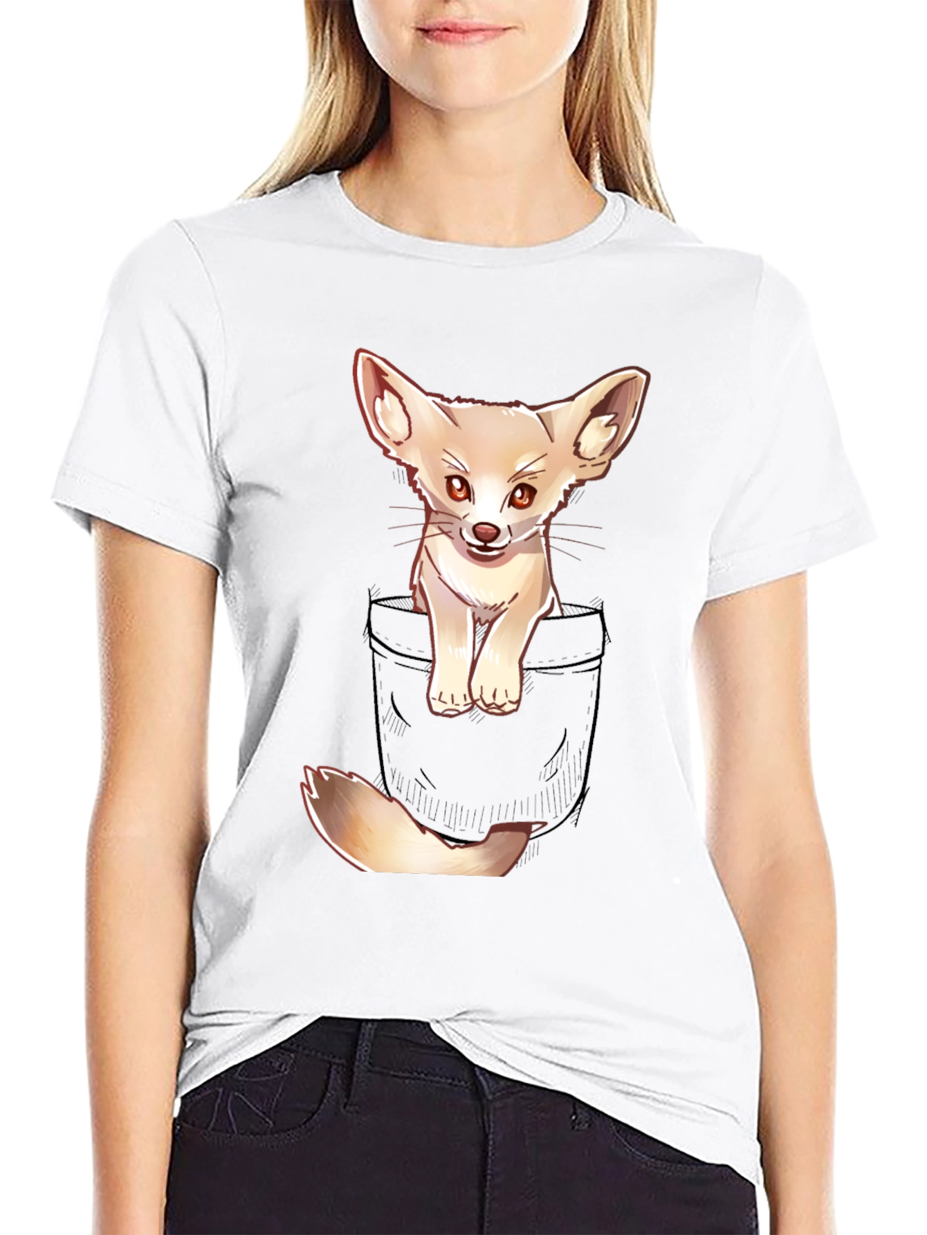 Black Cute Fennec Fox Pocket T-Shirt view 9