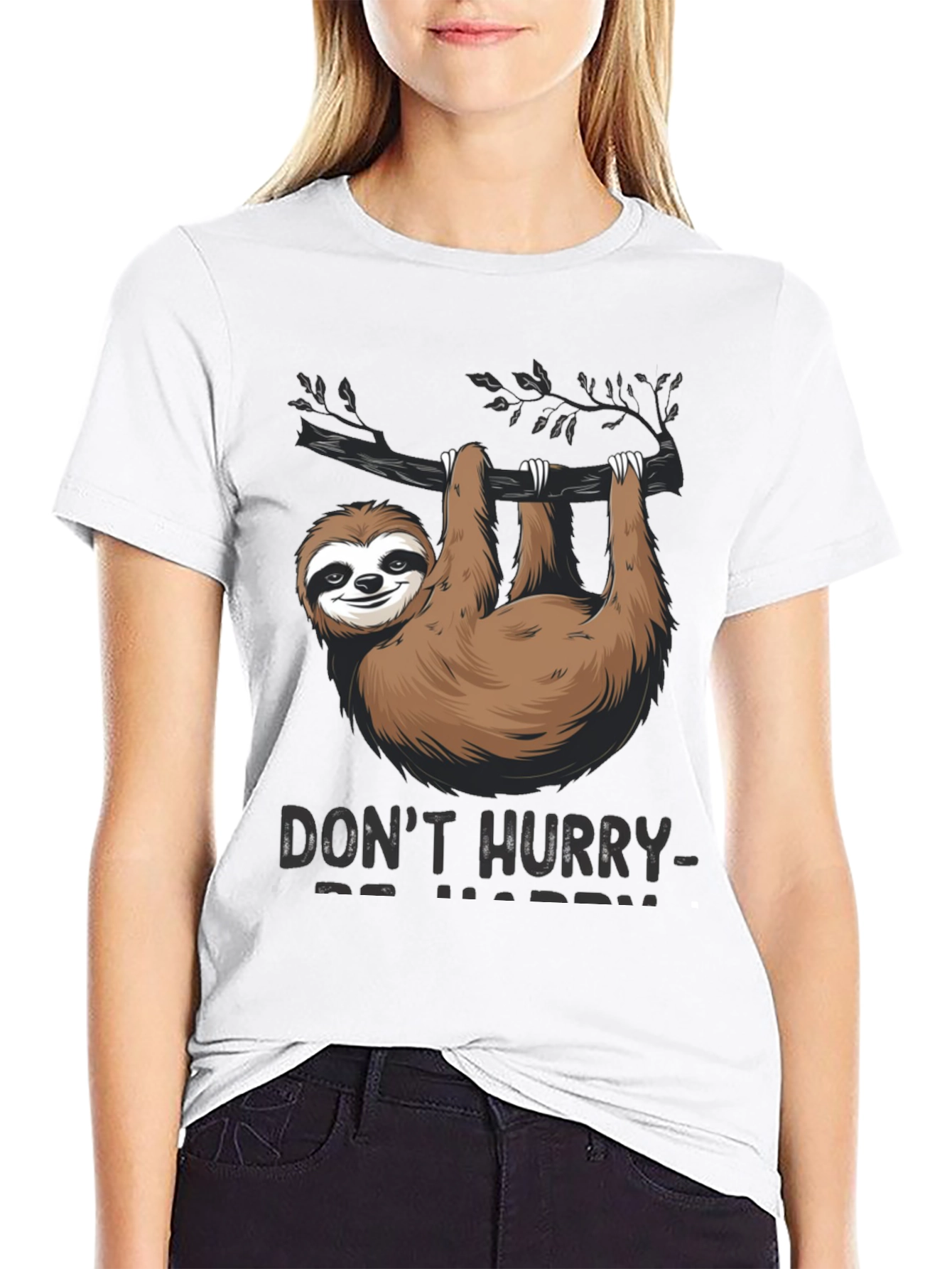 Black Don't Hurry Be Happy Sloth T-Shirt view 9