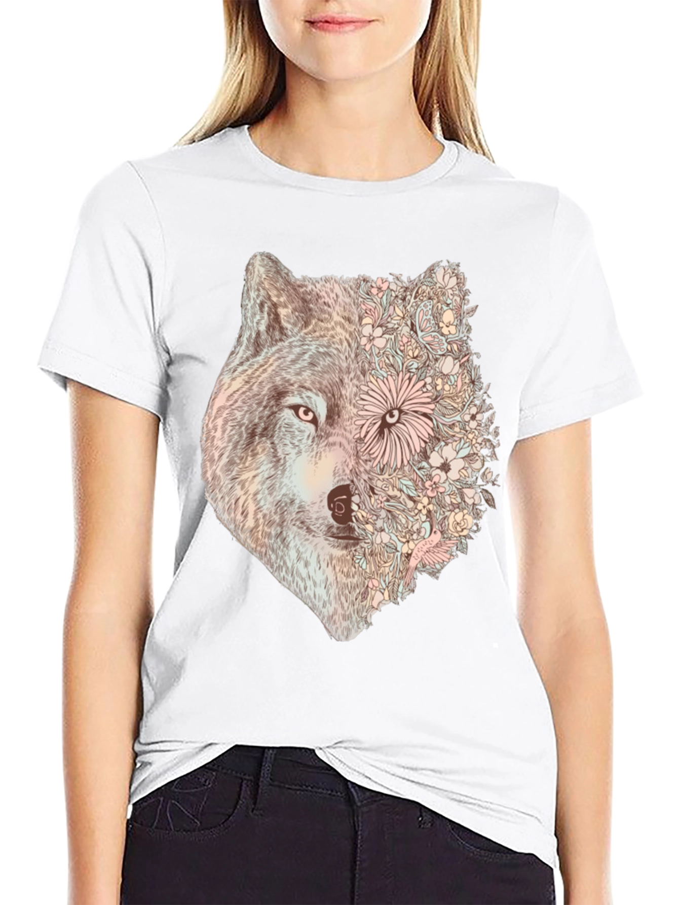 Black Floral Wolf Graphic Tee - Stylish Men's Black T-Shirt view 9