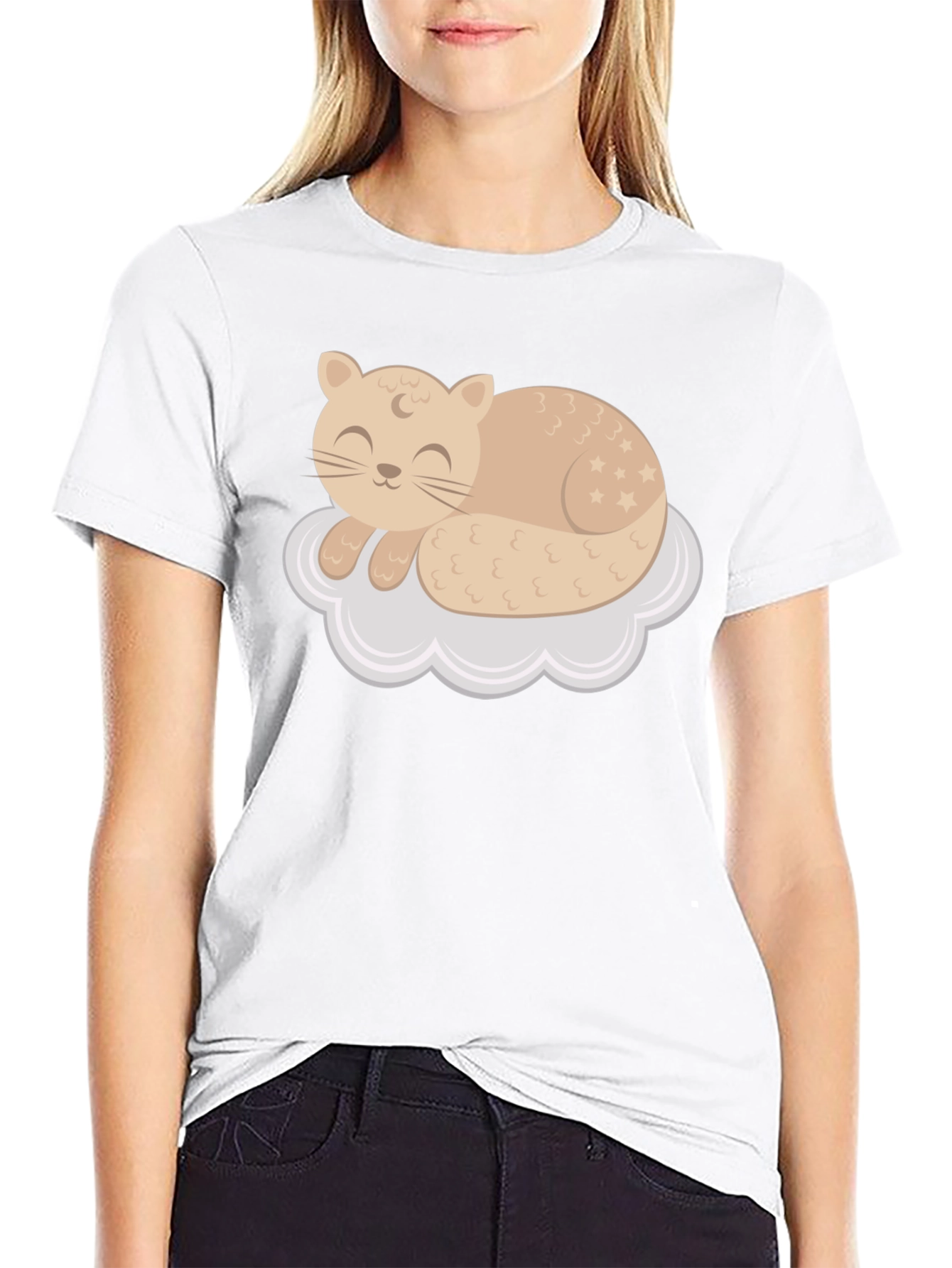 Black Cute Cat Sleeping on Cloud T-Shirt view 9