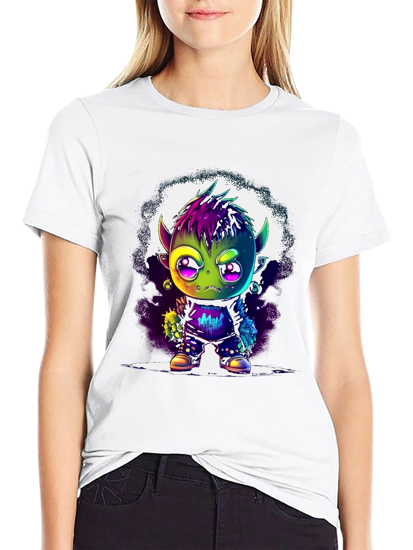 Black Cartoon Monster Graphic Tee - Black Unisex T-Shirt view 9