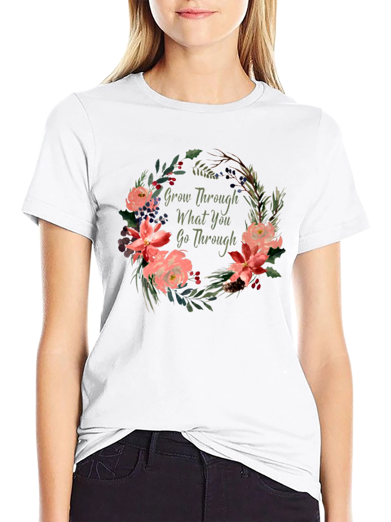 Black Floral Grow Through What You Go Through T-Shirt view 9