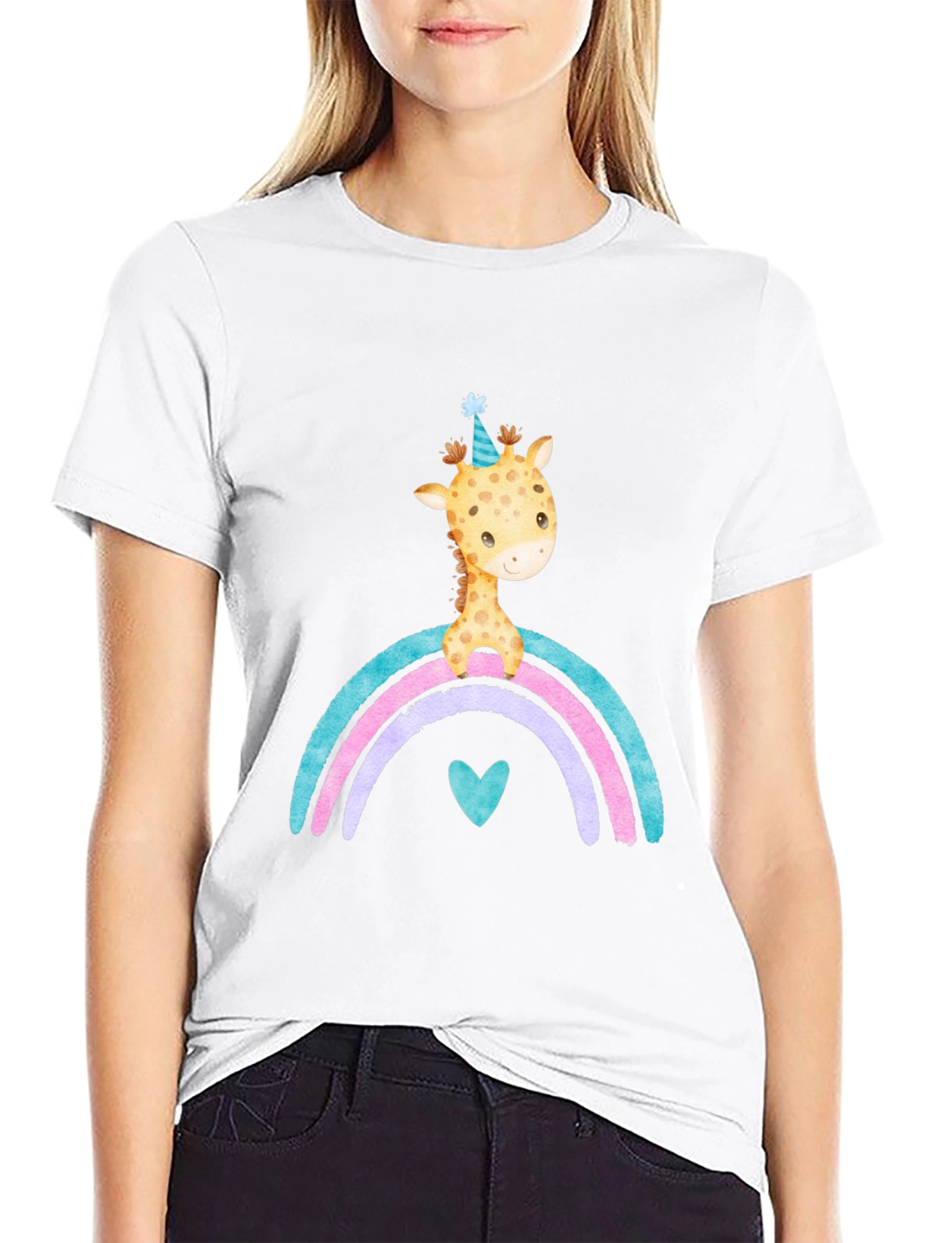 Black Giraffe Rainbow T-Shirt Cute Cartoon Graphic Tee view 9