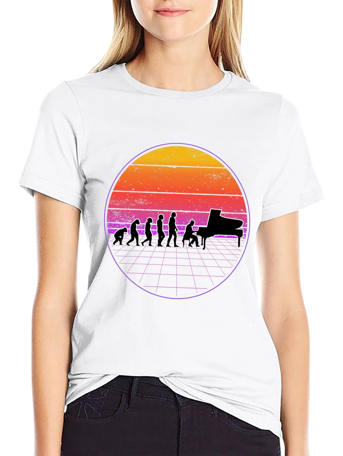 Black Piano Evolution T-Shirt - Retro Sunset Design view 9