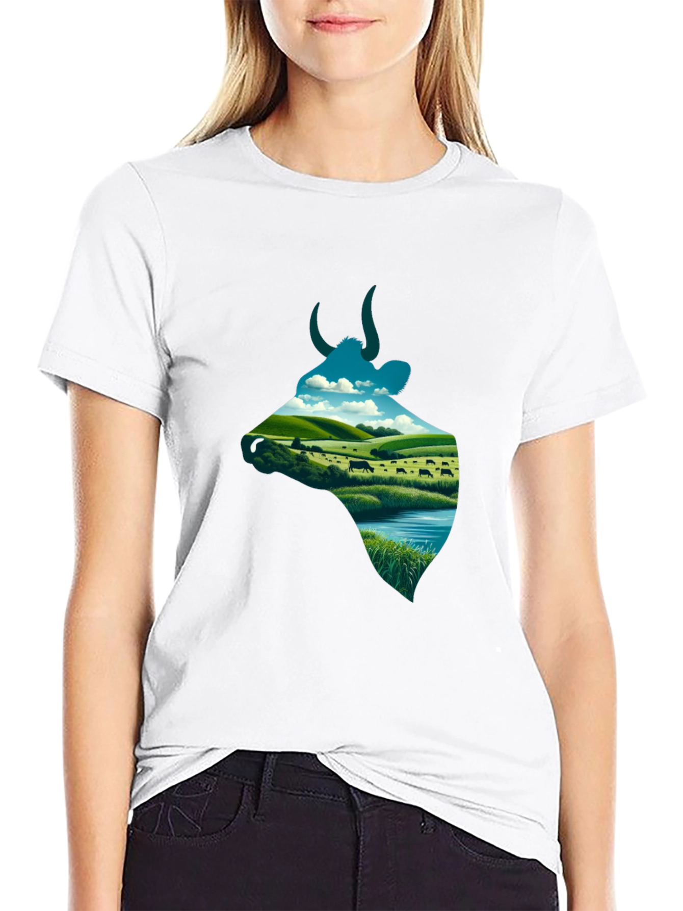 Black Cow Silhouette Farm Scene Graphic Tee view 9