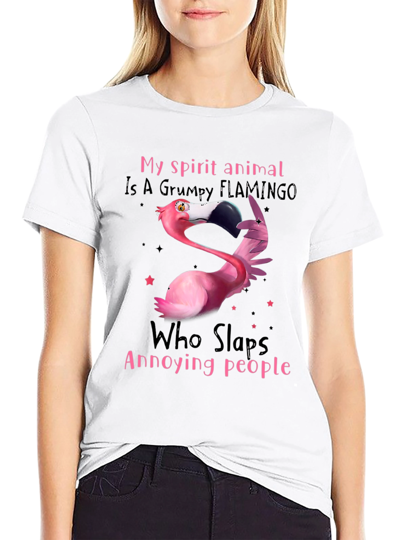Black Grumpy Flamingo T-Shirt - Slaps Annoying People view 9