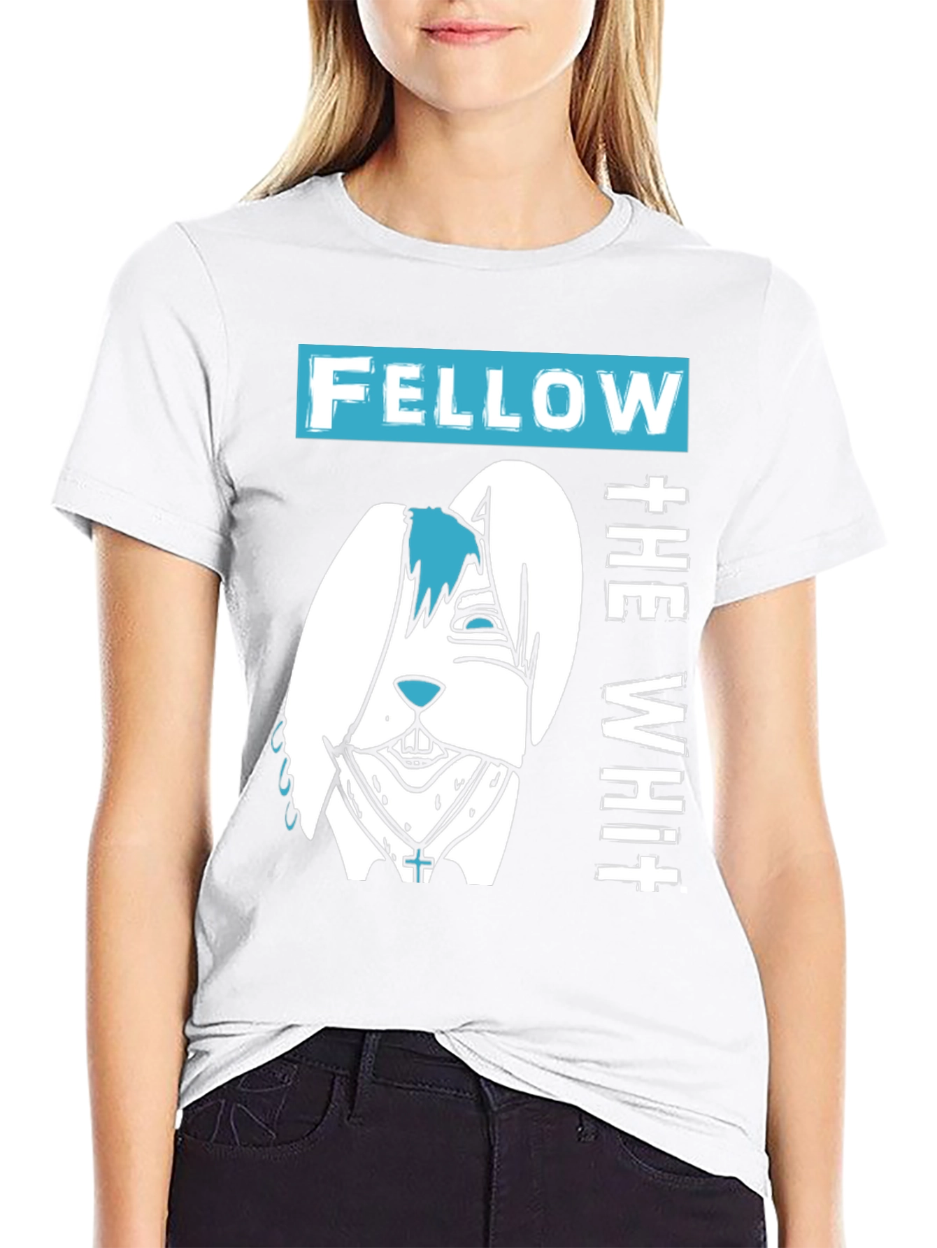 Black Fellow The White T-Shirt with Cartoon Bunny Design view 9
