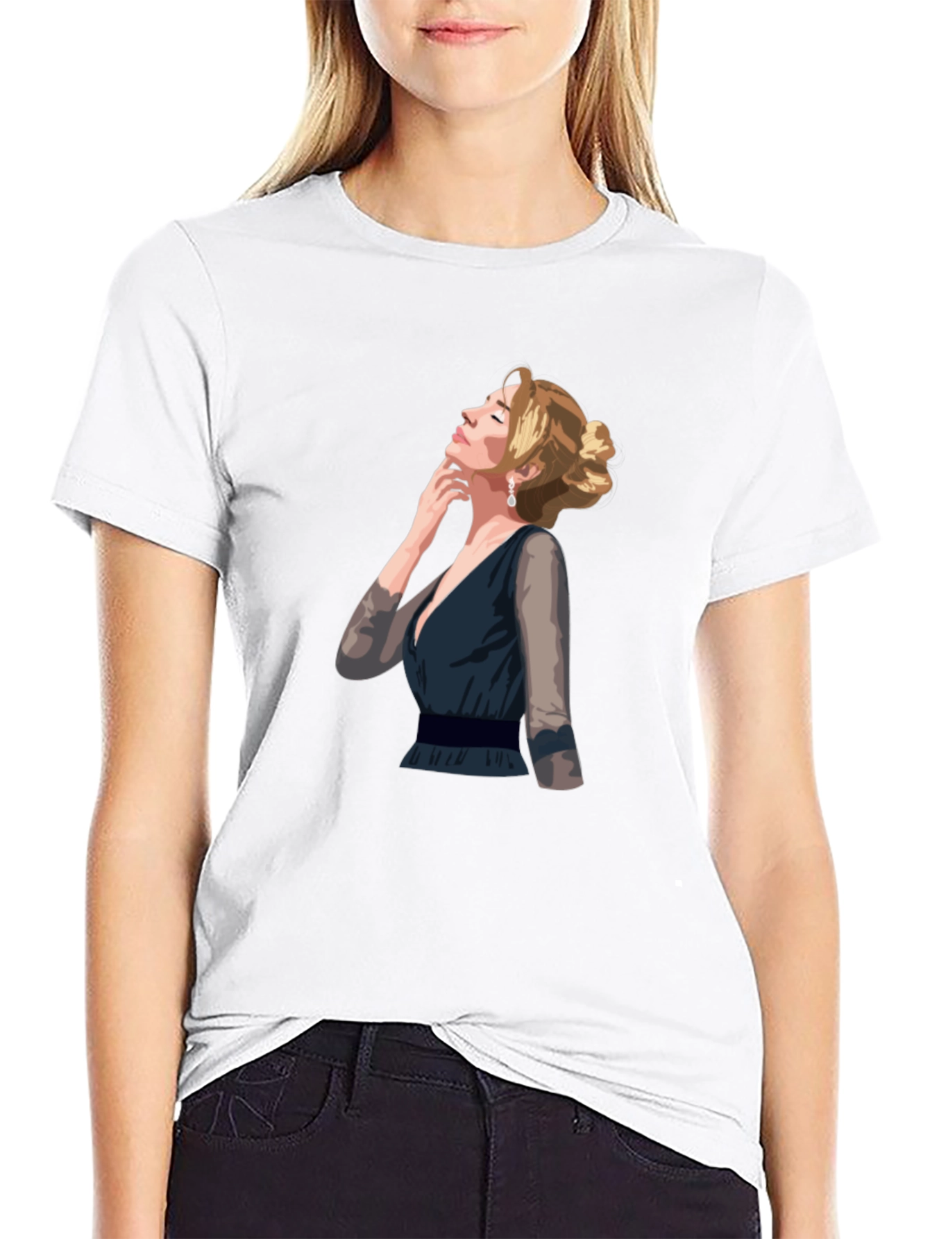 Black Elegant Woman Graphic T-Shirt - Stylish Crew Neck Tee view 9