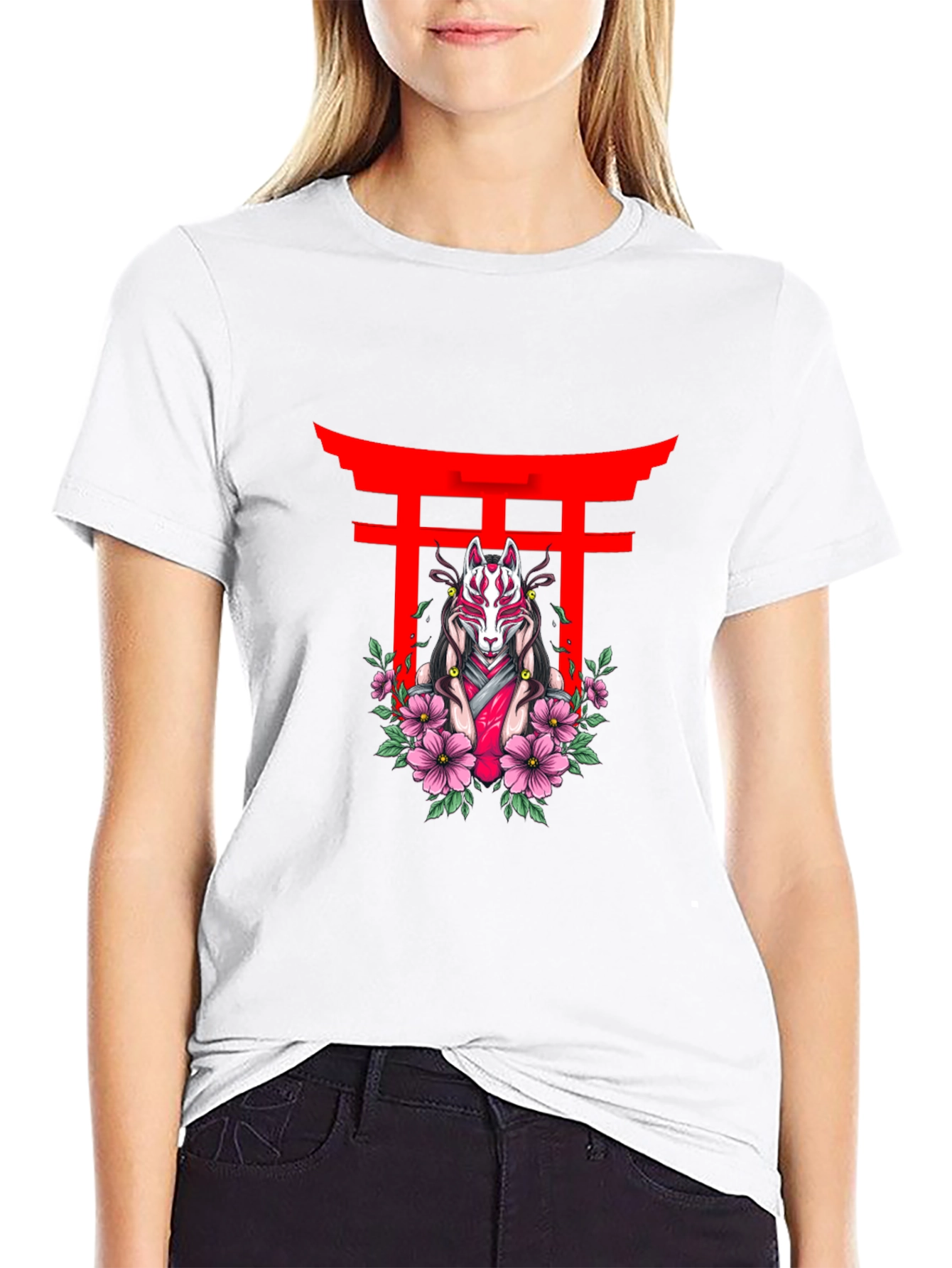 Black Black T-Shirt with Japanese Fox Mask Design view 9