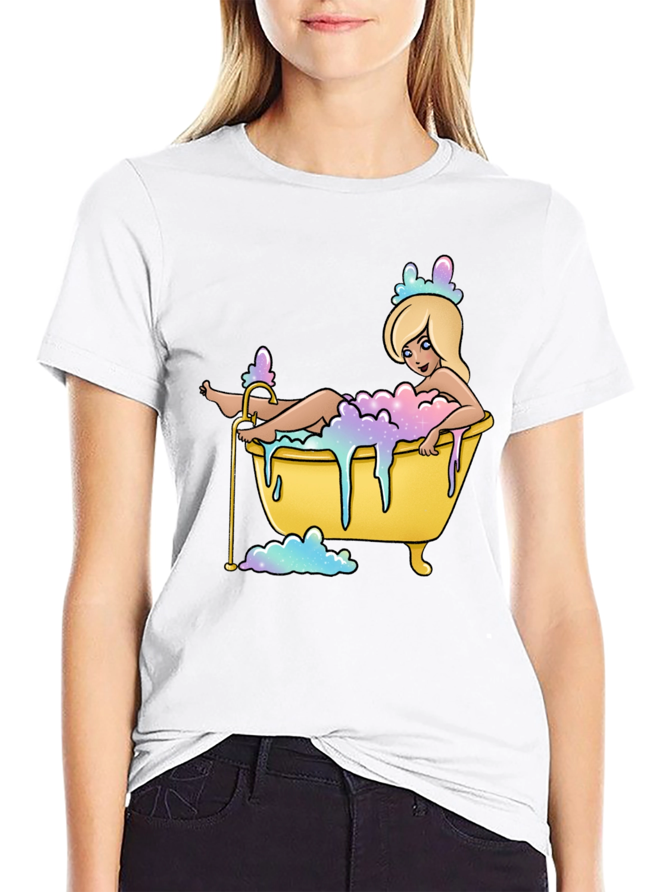 Black Cartoon Girl Bathtub T-Shirt - Black Cotton Tee view 9