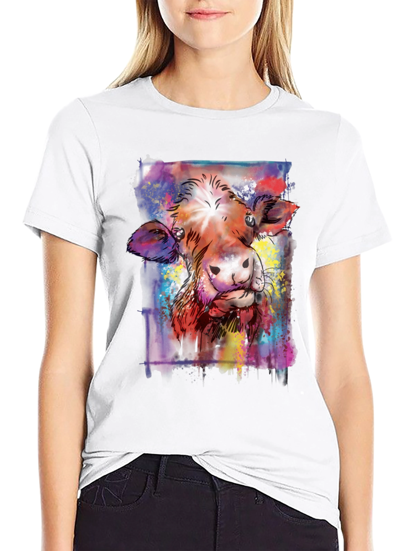 Black Colorful Cow Art Graphic Print Black T-Shirt view 9