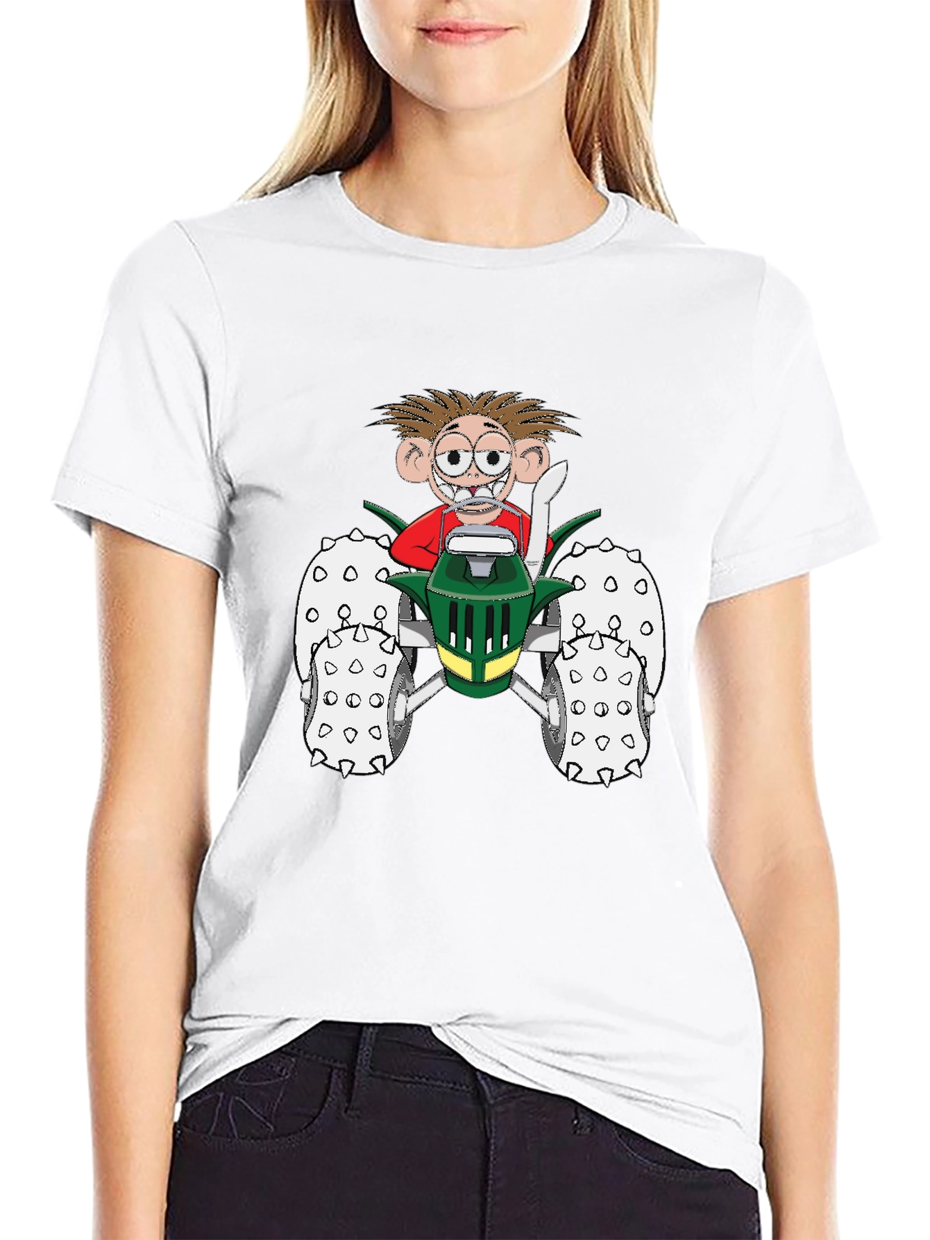 Cartoon Character on Tractor Black T-Shirt - 9