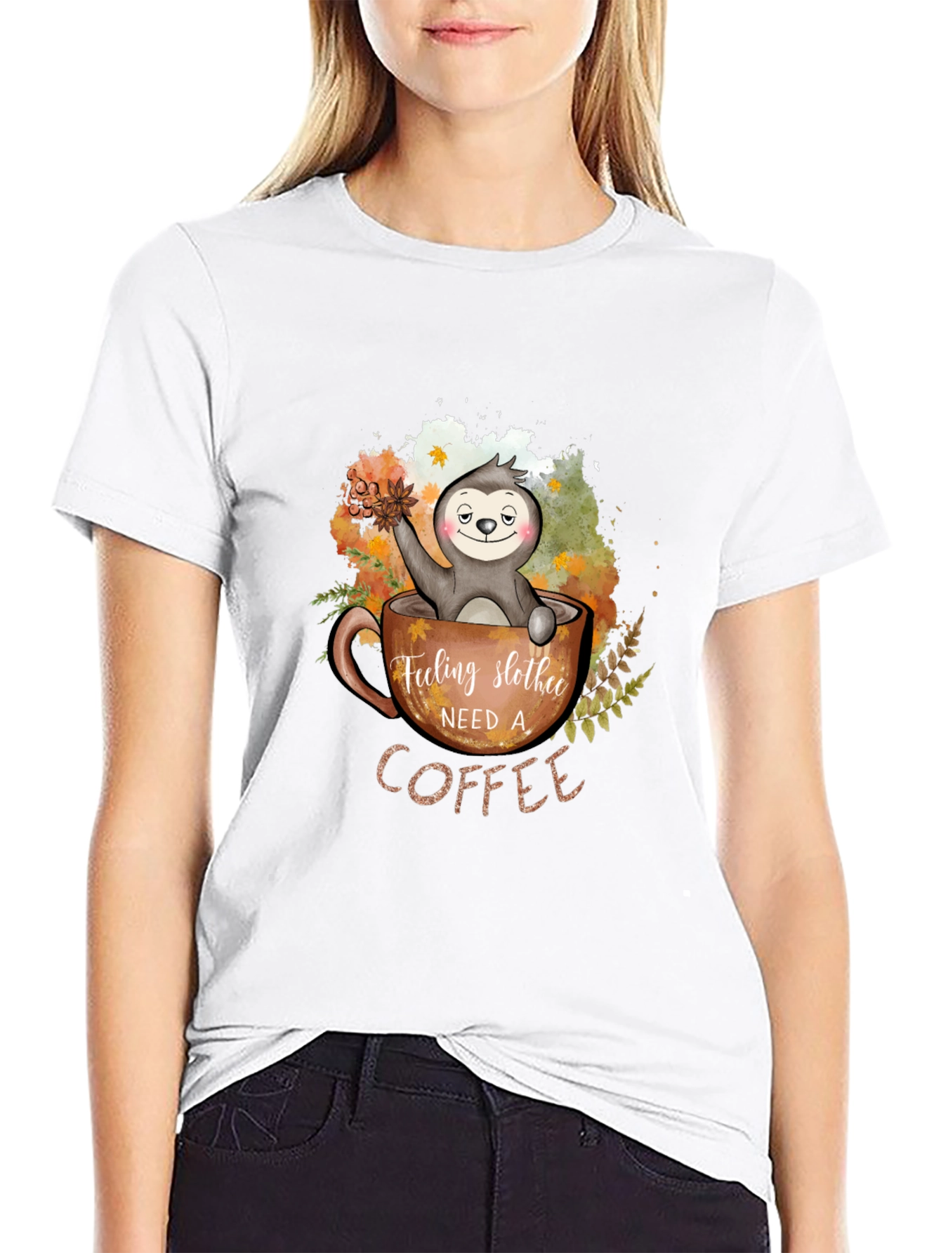 Black Feeling Slothee Need a Coffee Graphic T-Shirt view 9