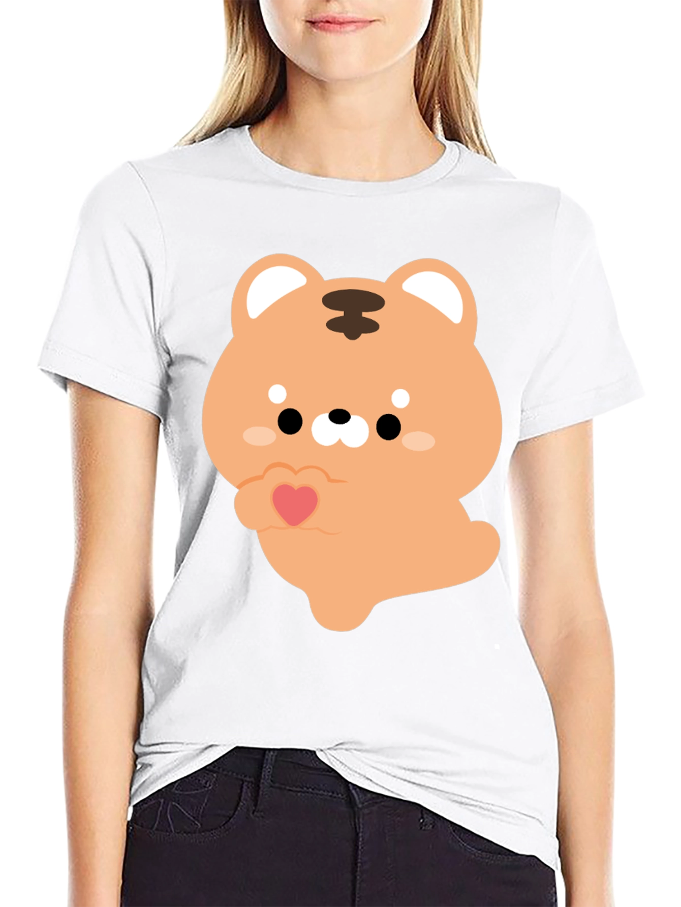 Black Cute Cartoon Tiger Holding Heart Graphic Tee view 9