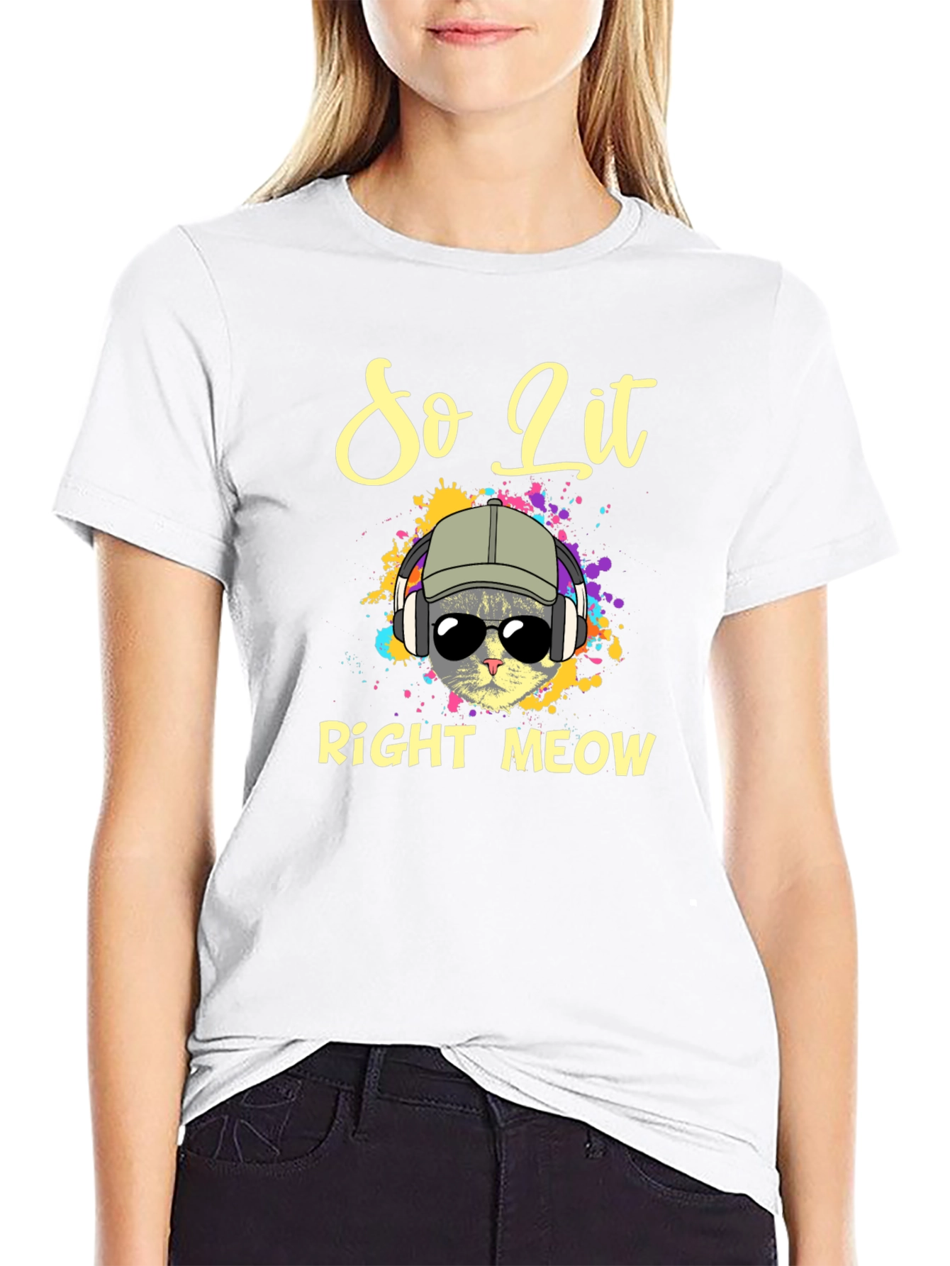Black So Lit Right Meow T-Shirt - Cool Cat Design view 9