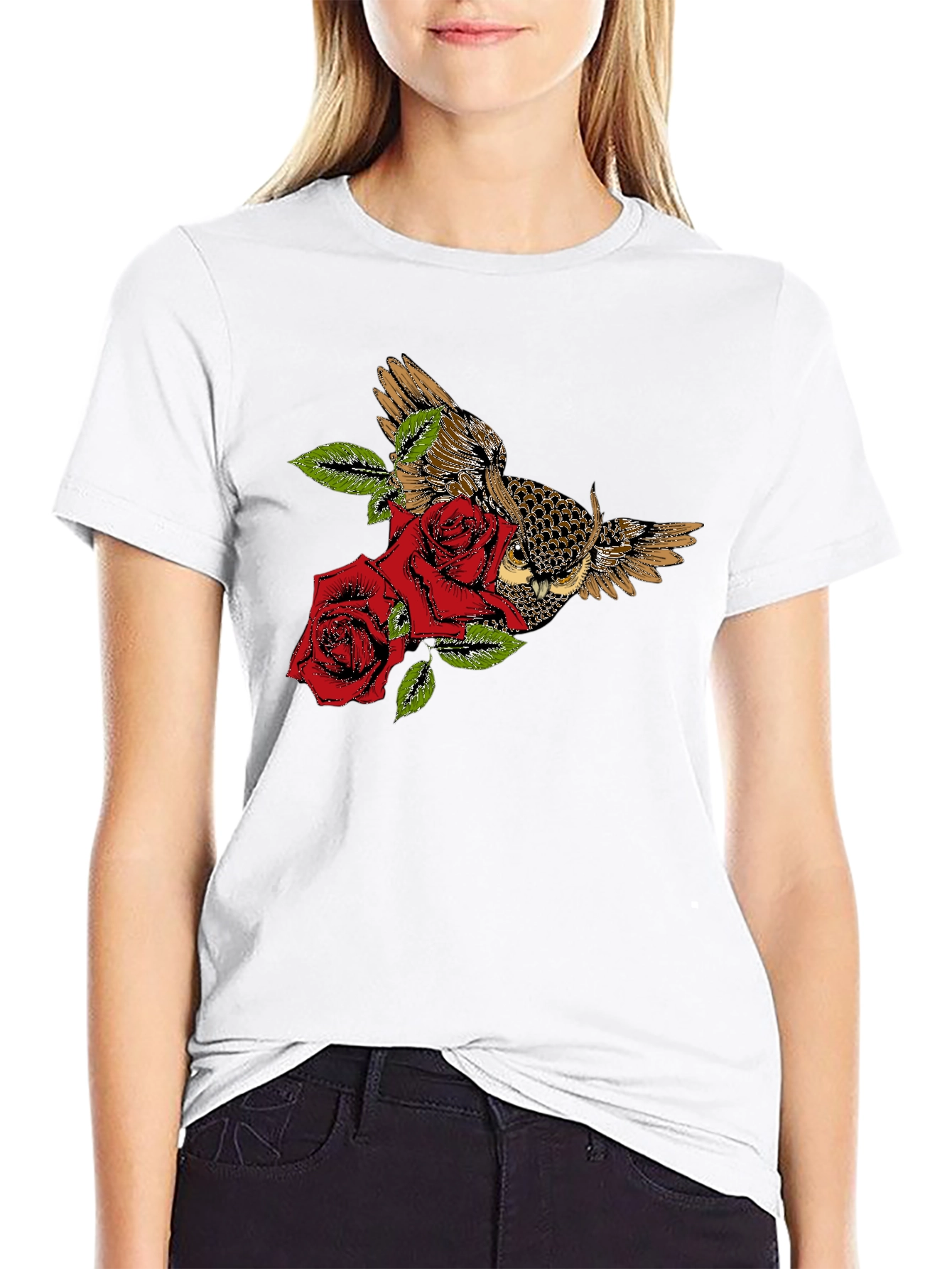 Black Owl and Roses Graphic T-Shirt - Black view 9