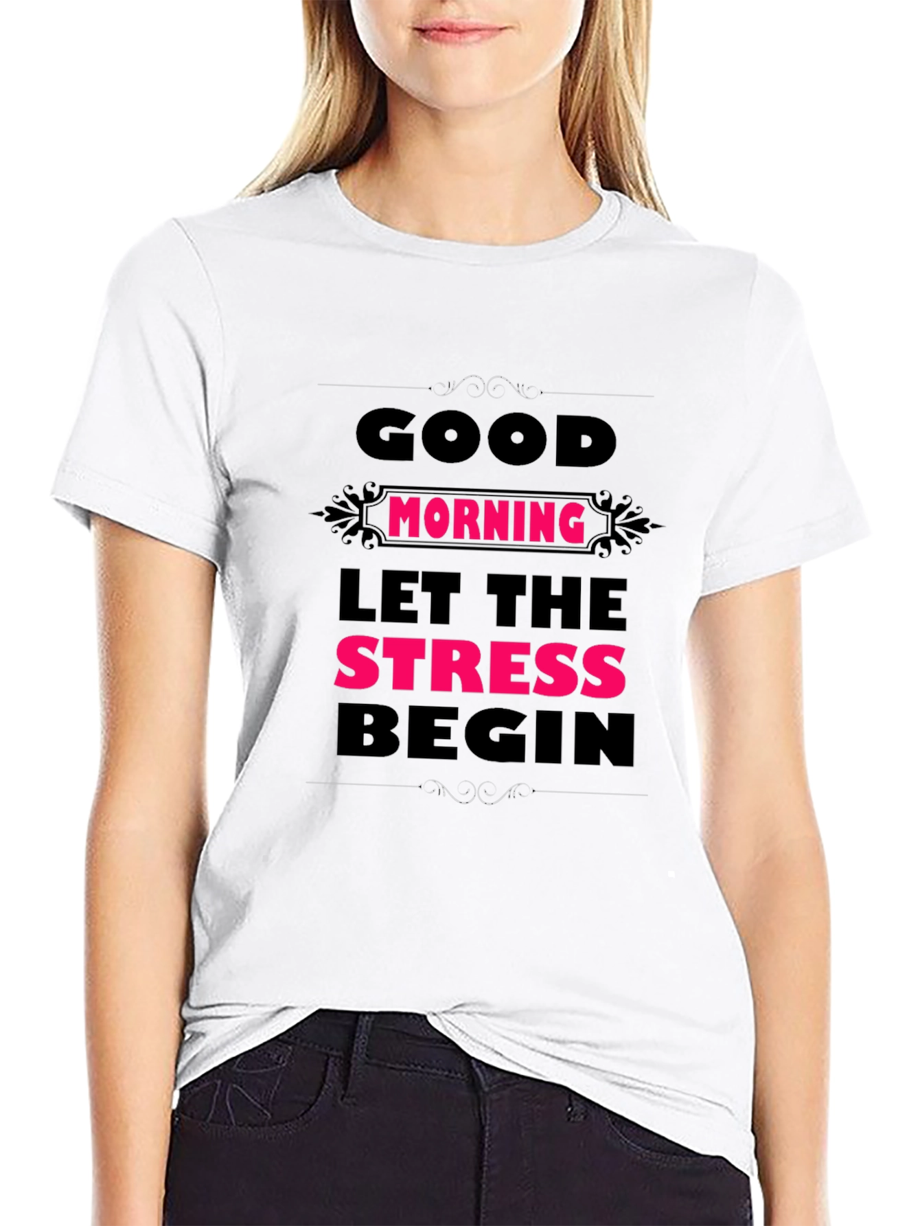 Black Humorous Good Morning Stress Men's Black Tee view 9