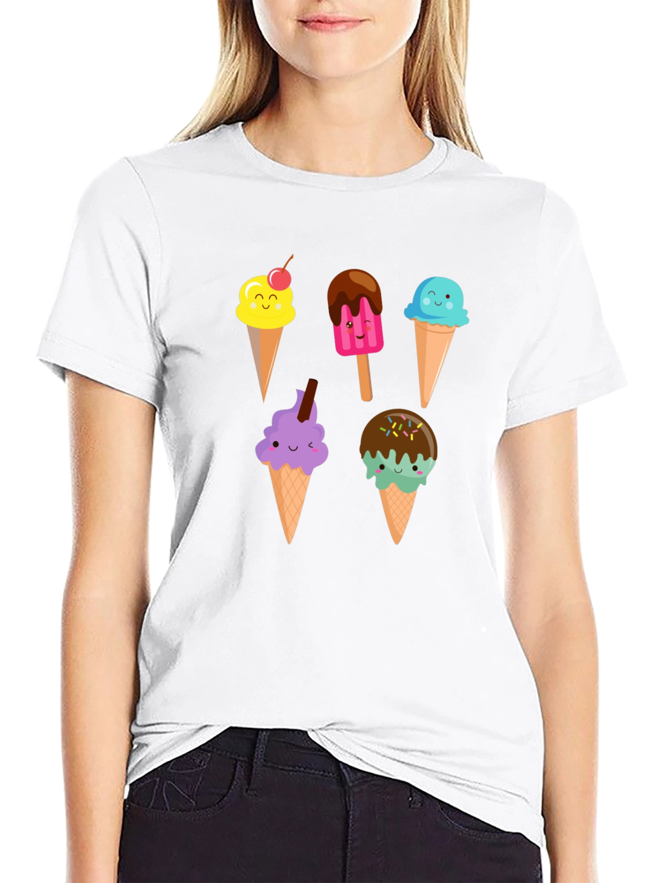 Black Cute Cartoon Ice Cream Graphic Black T-Shirt view 9