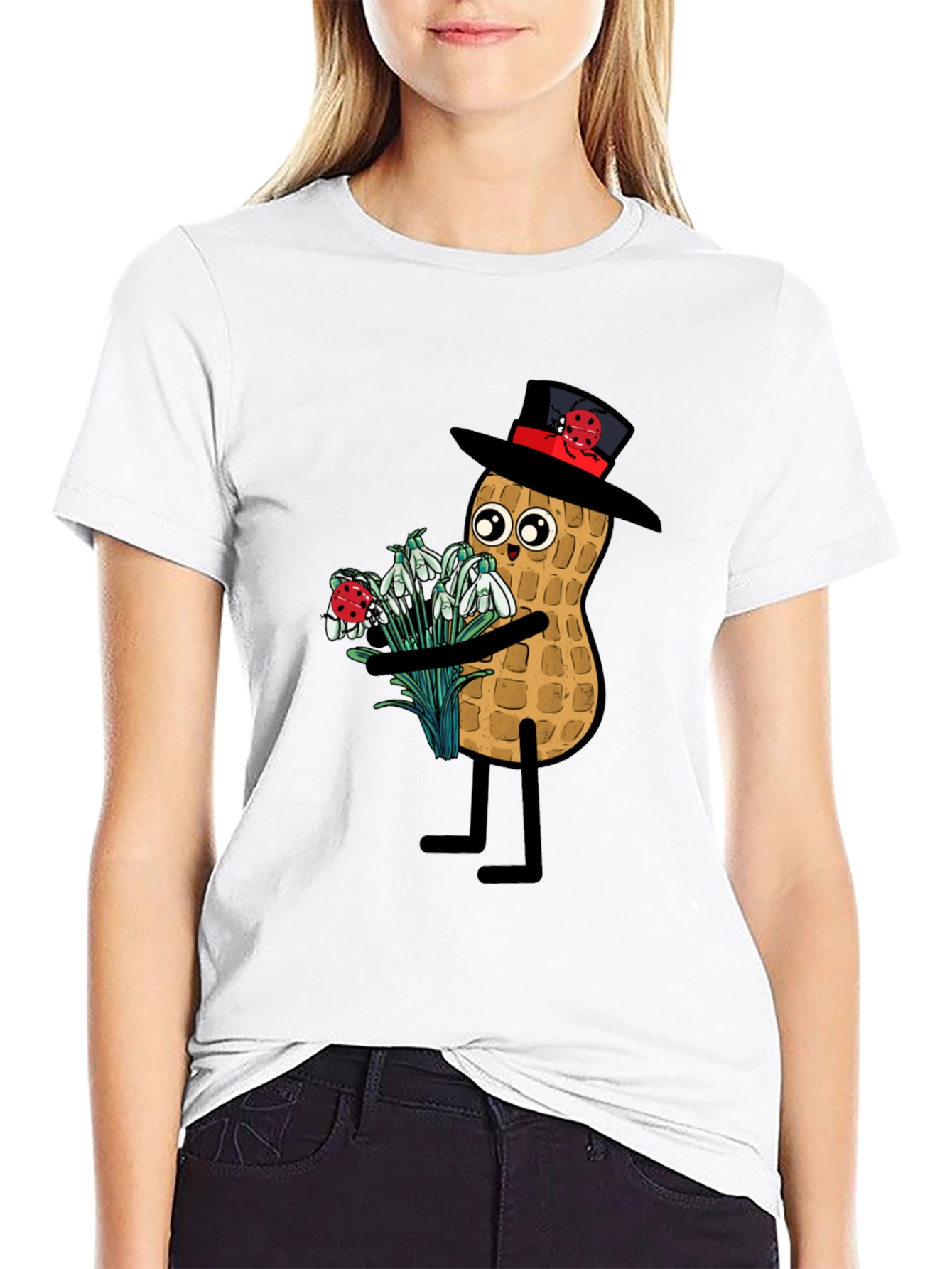 Black Funny Peanut with Flowers Graphic Tee view 9