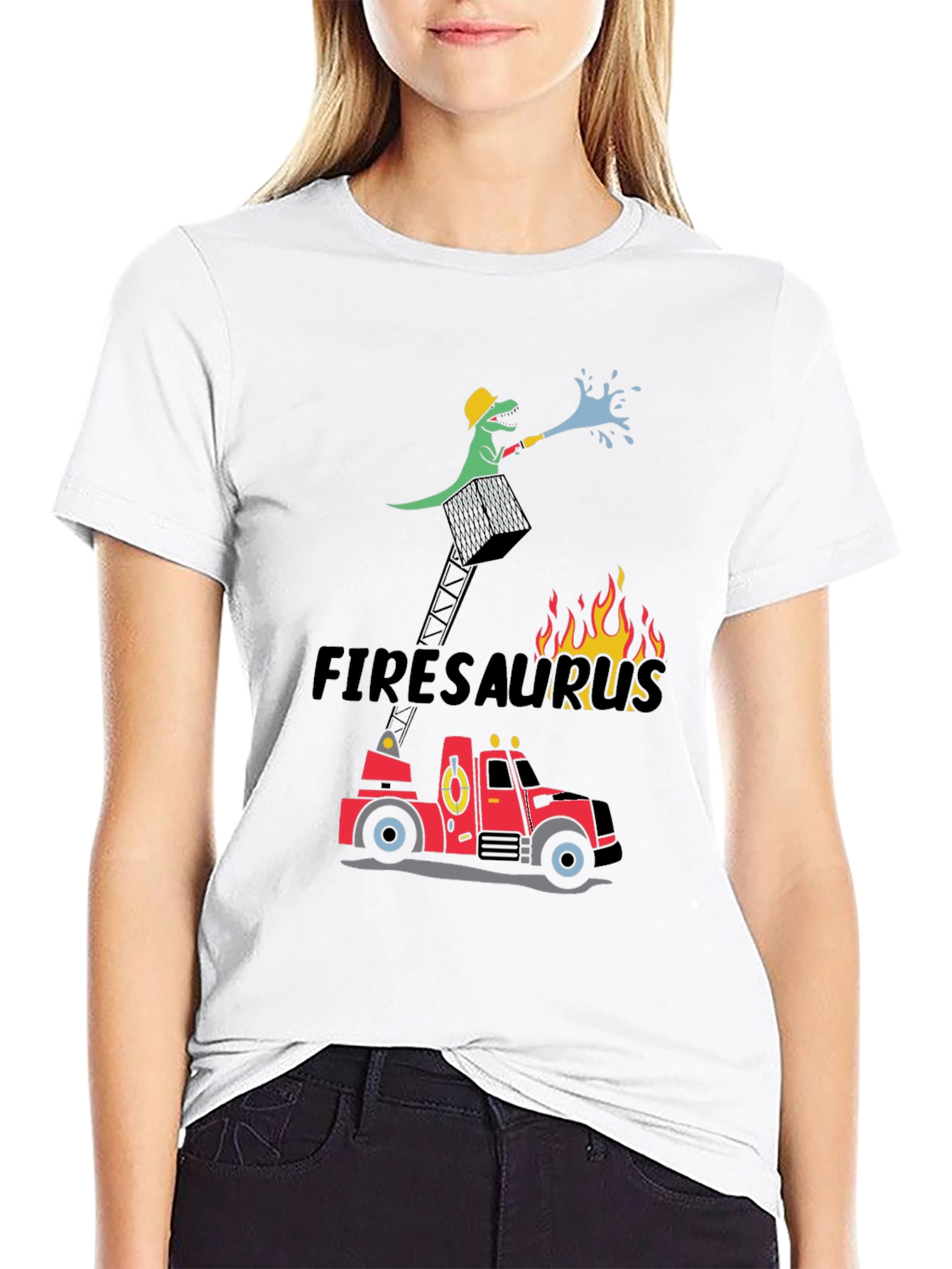 Black Firesaurus Cartoon Graphic T-Shirt view 9
