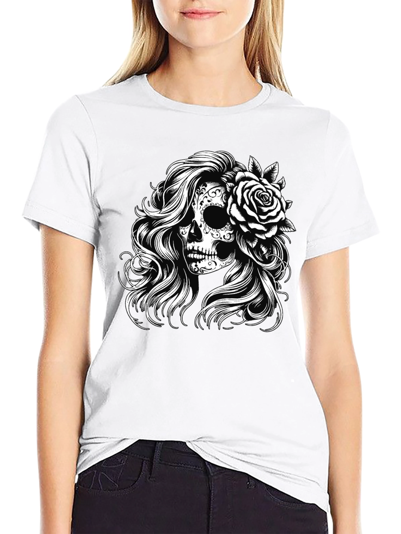 Black Sugar Skull Rose Graphic Tee - Black view 9