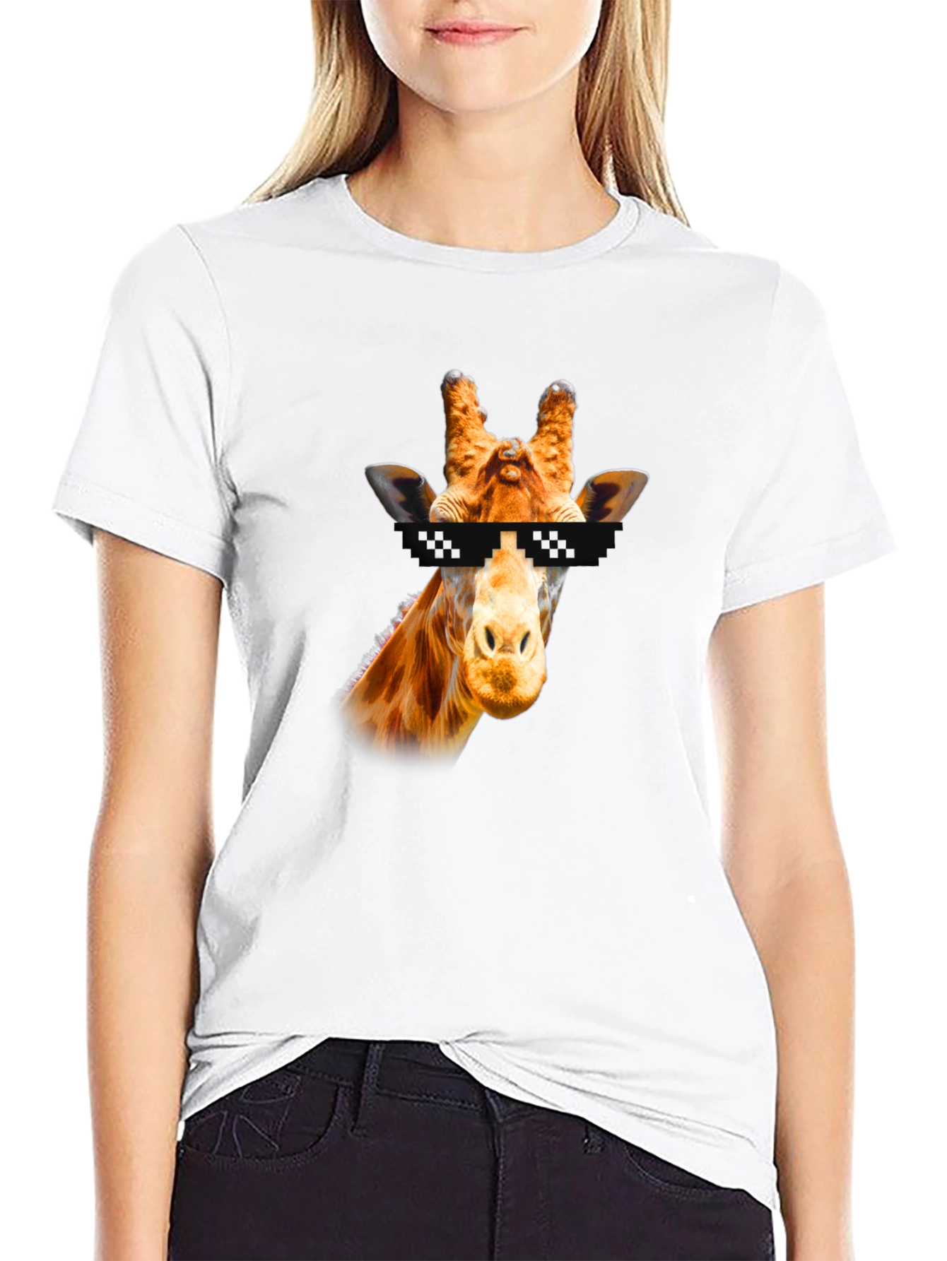 Black Cool Giraffe Pixel Sunglasses Black T-Shirt view 9