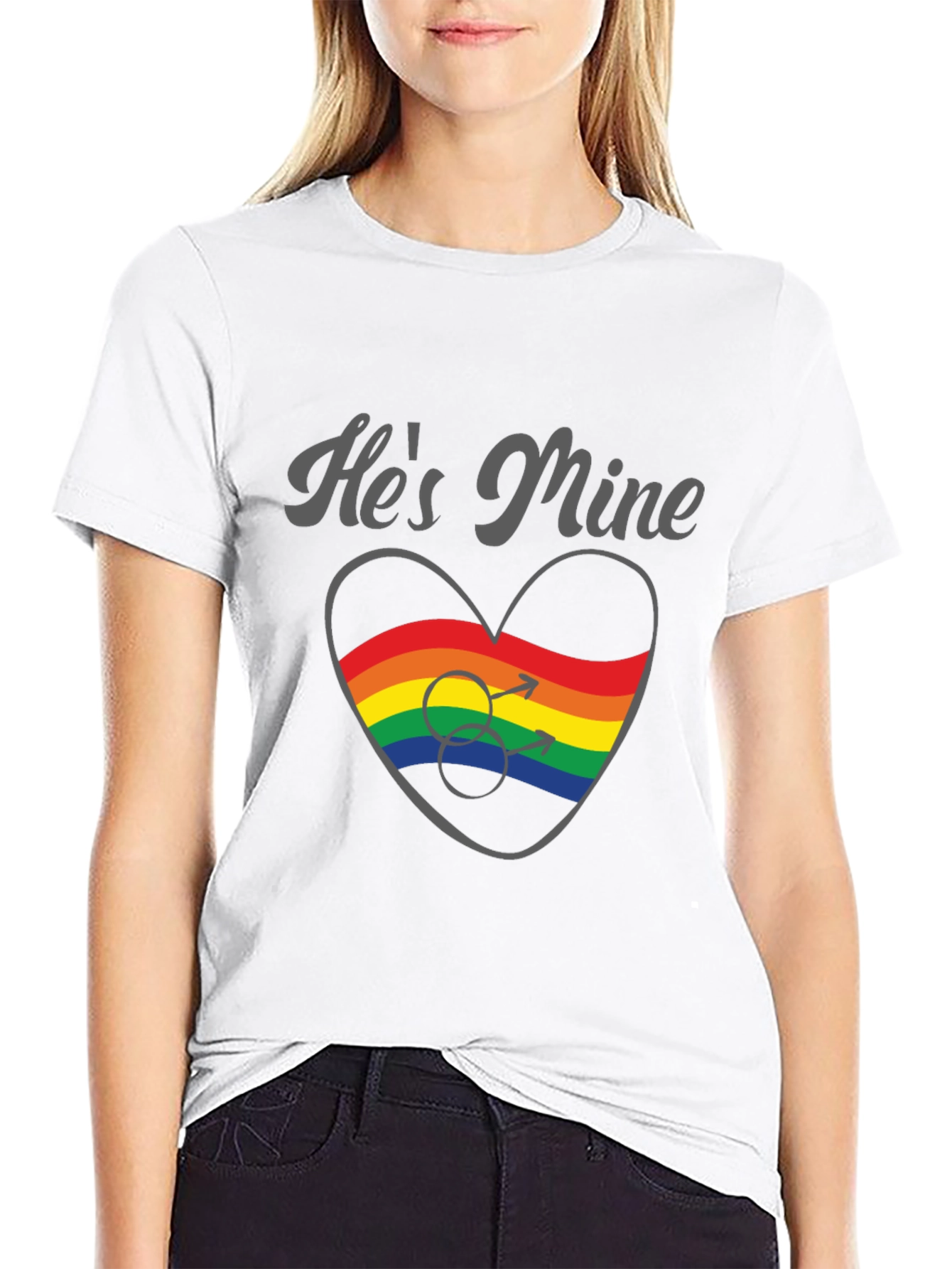 Black He's Mine Gay Pride Rainbow Heart T-Shirt view 9