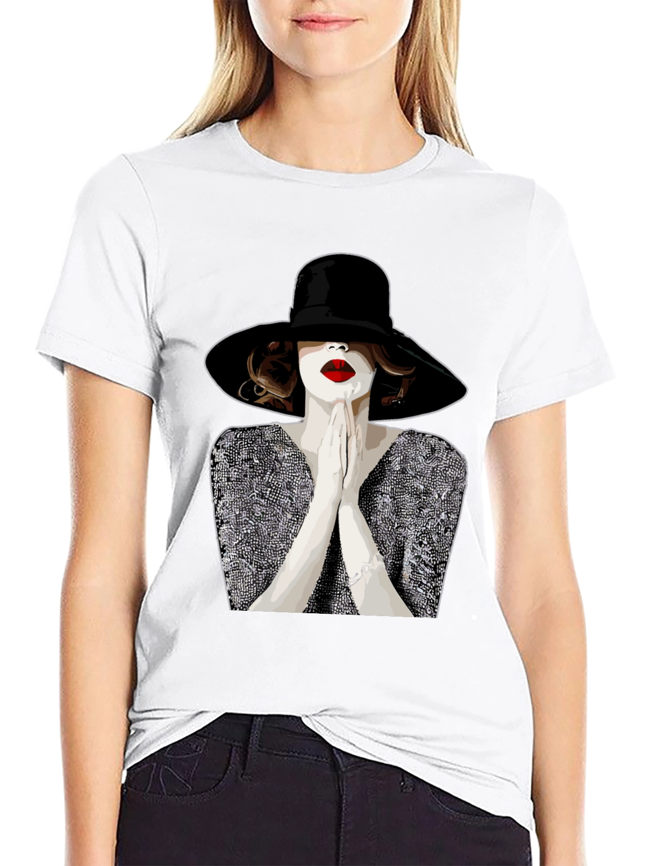 Black Stylish Graphic Tee - Woman with Hat view 9