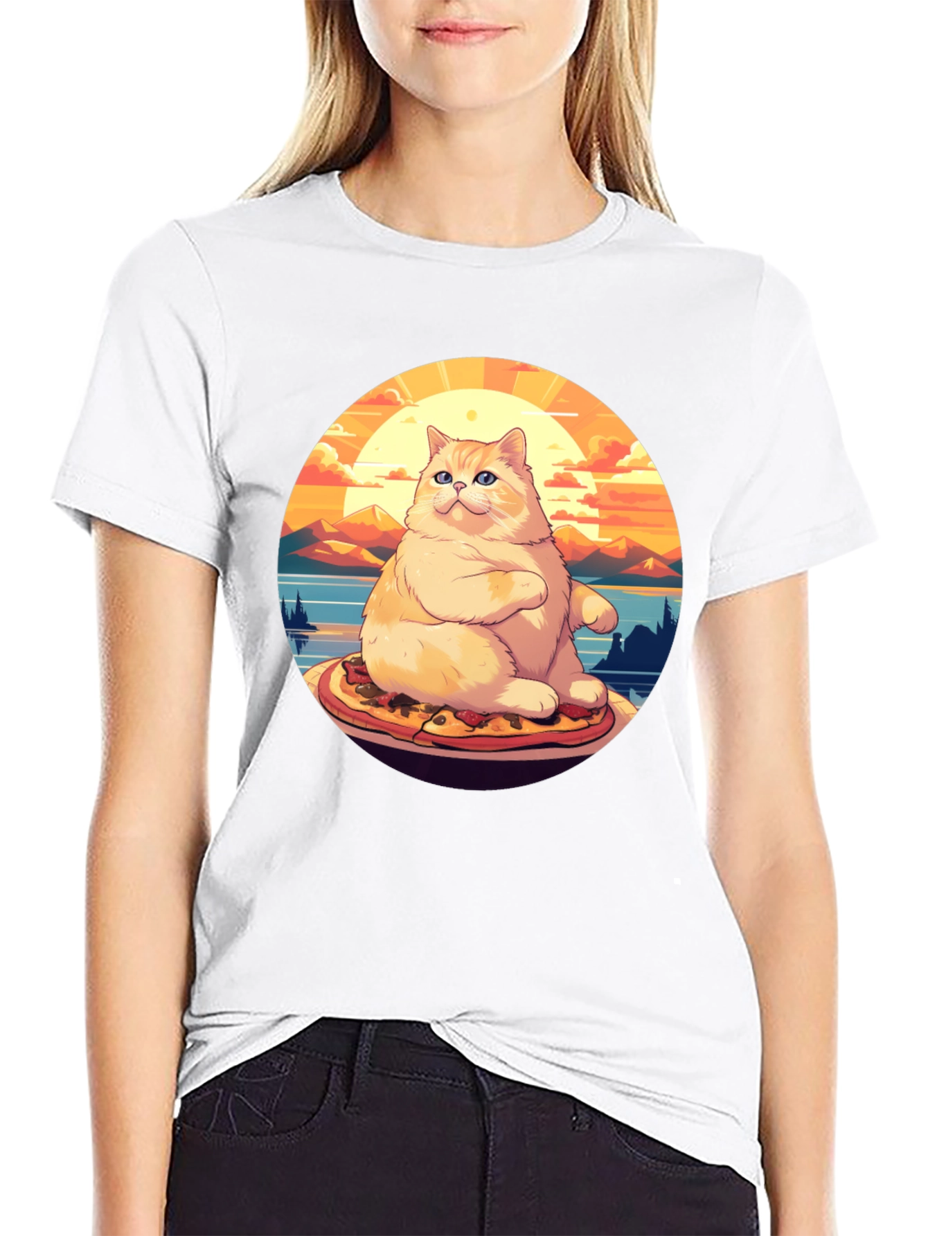 Black Pizza Cat T-Shirt: Sunset Vibes view 9